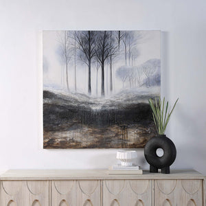 Rainier Canvas Art displayed on a wall above a wooden console with decorative items.