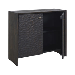 Jean cabinet by Renwil featuring a textured dark wood finish and one open door.