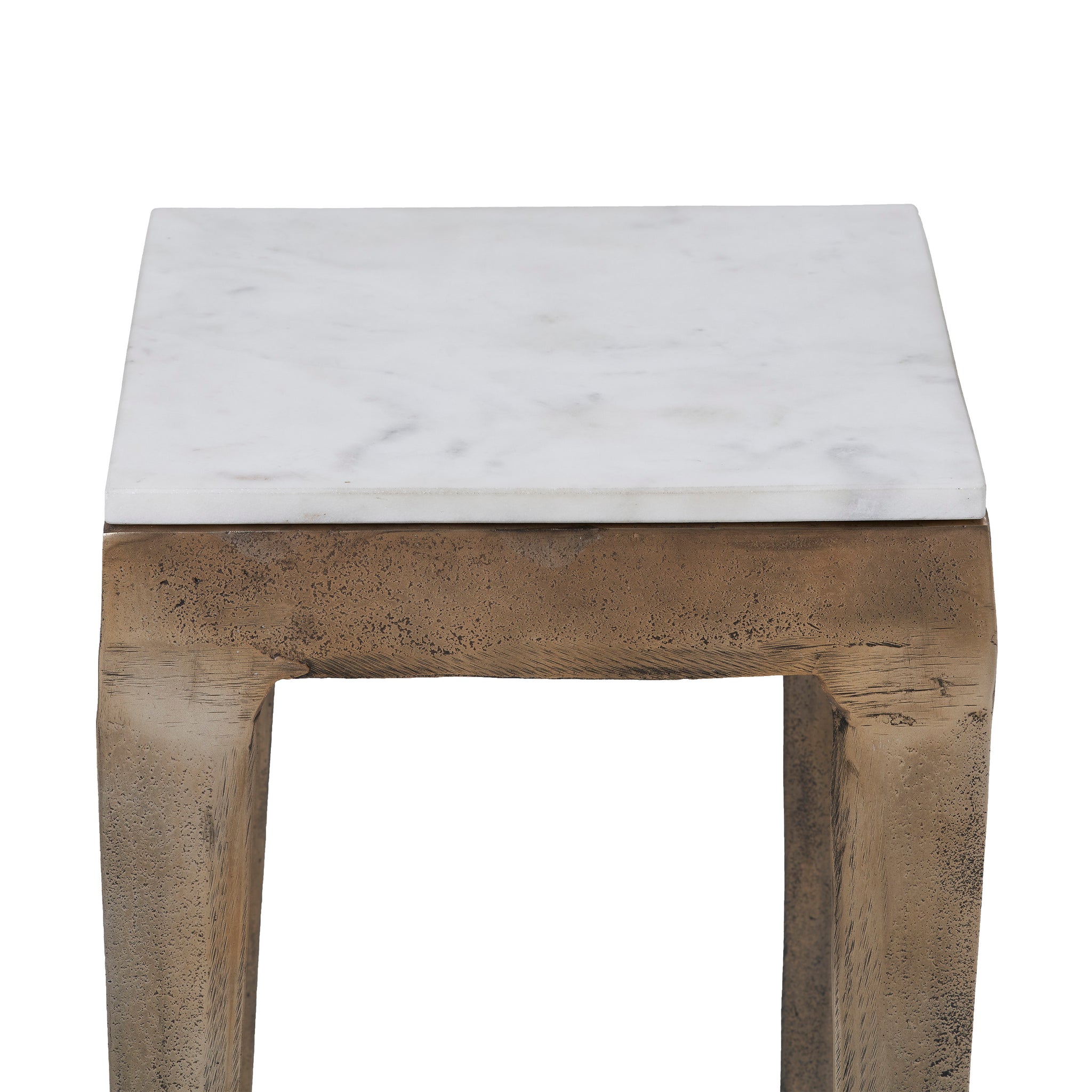 Abby Side Table close-up of white marble top and bronze textured legs