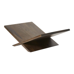 Ocra book holder featuring a sleek dark wood finish, angled for optimal book display.