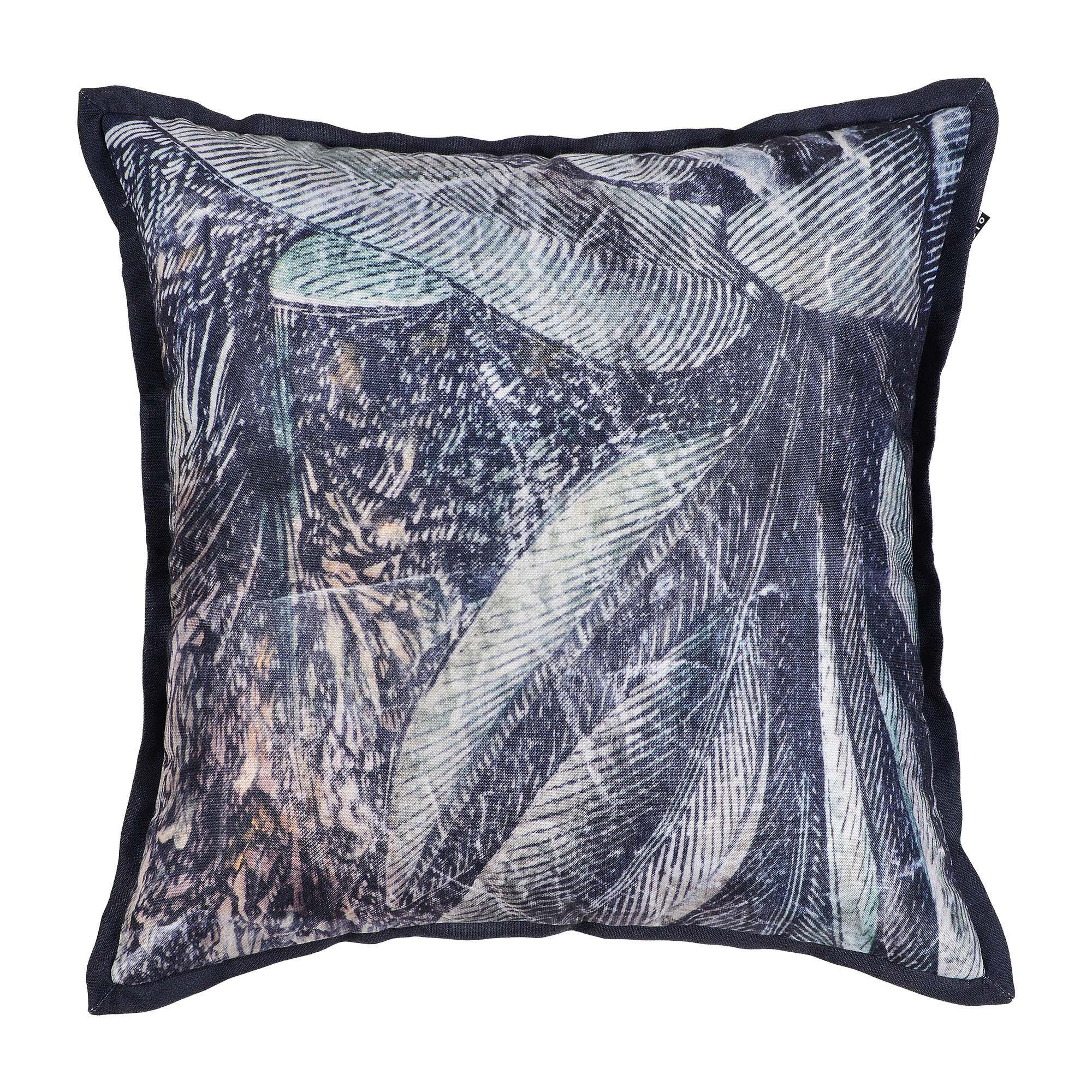 Mangrove Indoor Pillow with a dark botanical leaf pattern on a textured fabric, featuring a black border.