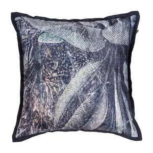 Mangrove Indoor Pillow with a dark botanical leaf pattern on a textured fabric, featuring a black border.