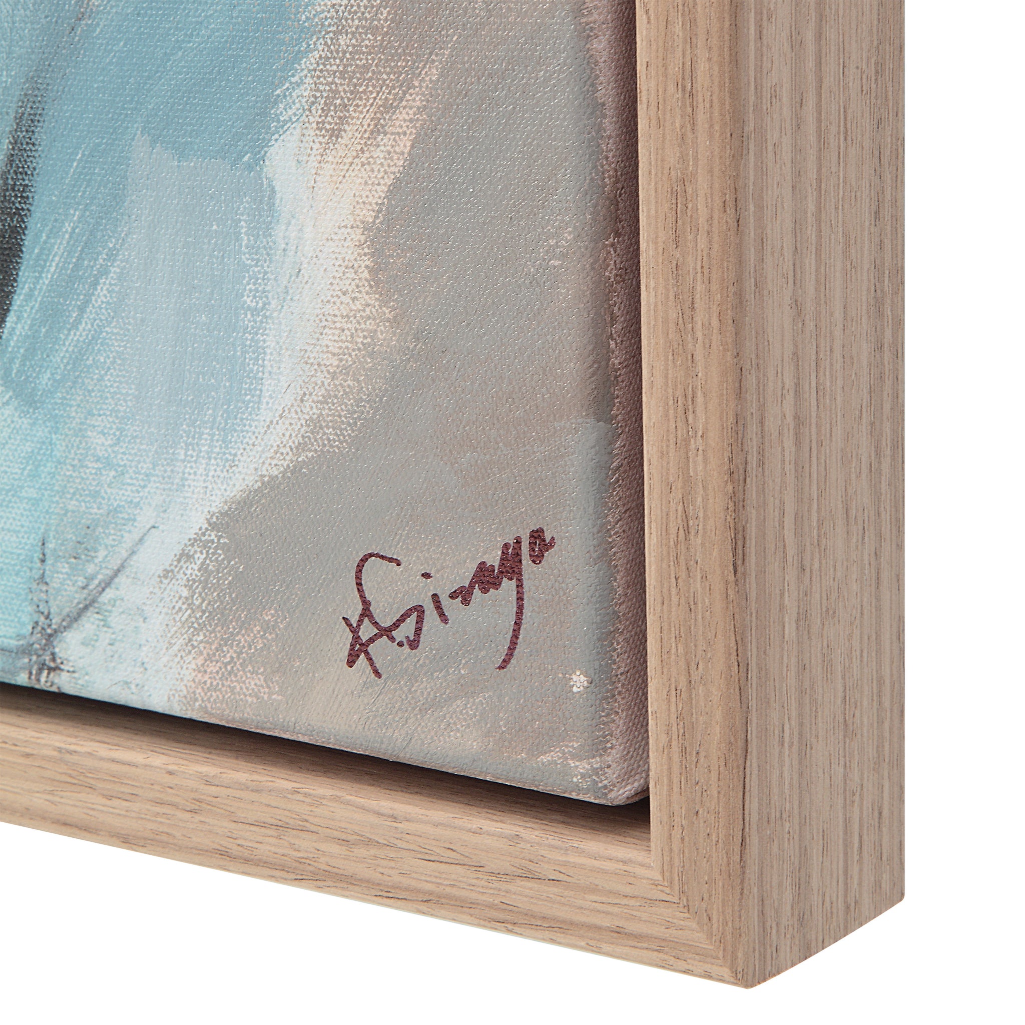 Roseline Canvas Art featuring abstract blue and gray tones, framed in light wood with a visible artist signature.