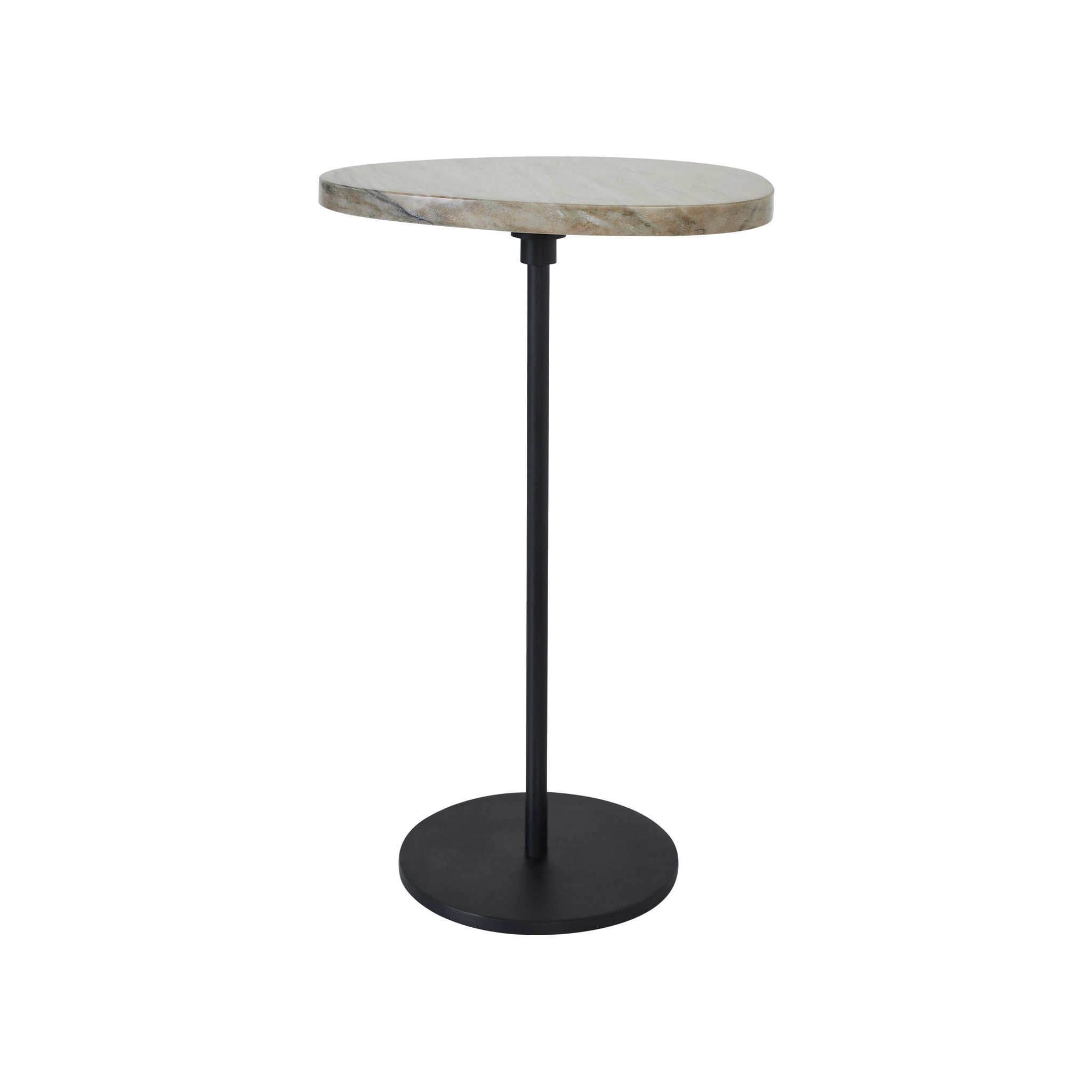 Bethany Side Table featuring a round marble top and sleek black metal stand, angled view.