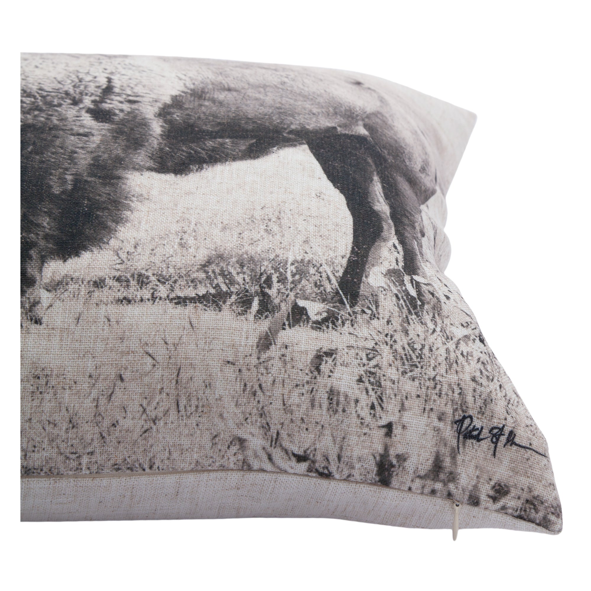 Close-up of Russ indoor pillow showcasing the buffalo print and textured fabric detail.