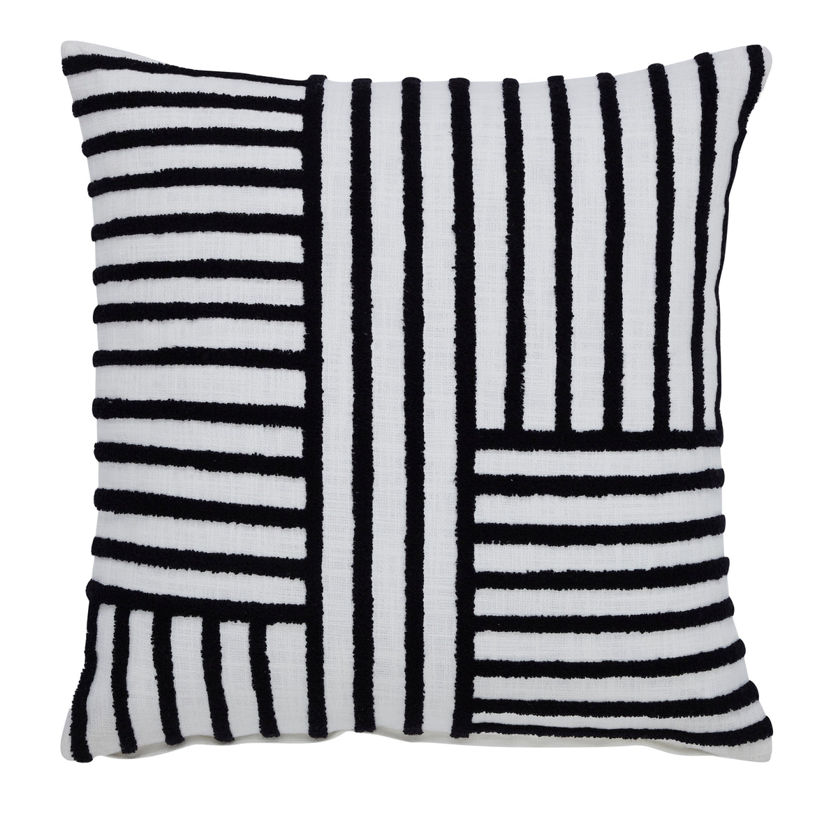 Stilo indoor pillow featuring a black and white striped pattern on a textured fabric.
