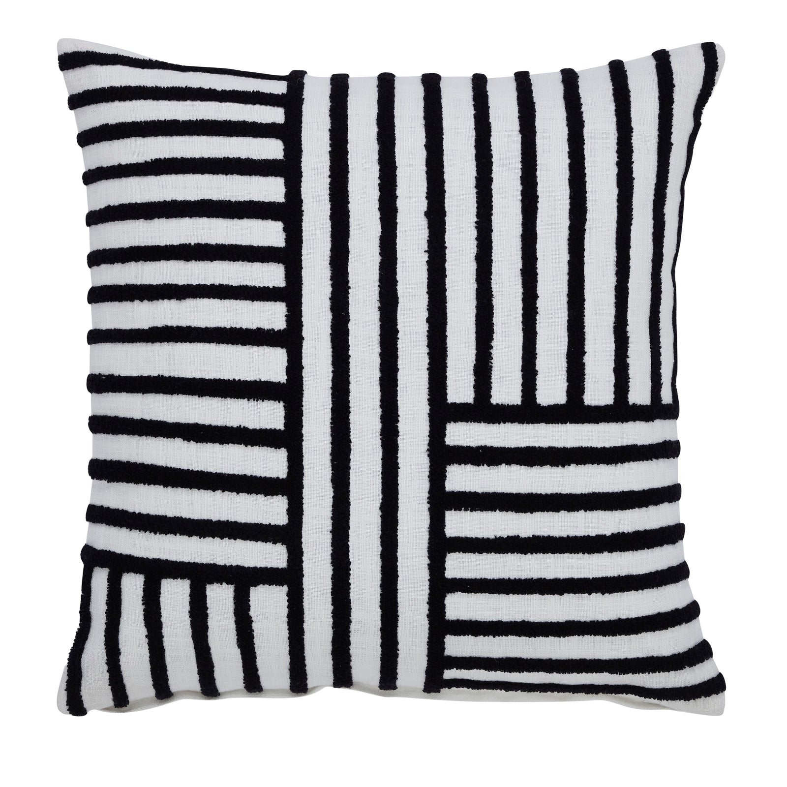 Stilo indoor pillow featuring a black and white striped pattern on a textured fabric.