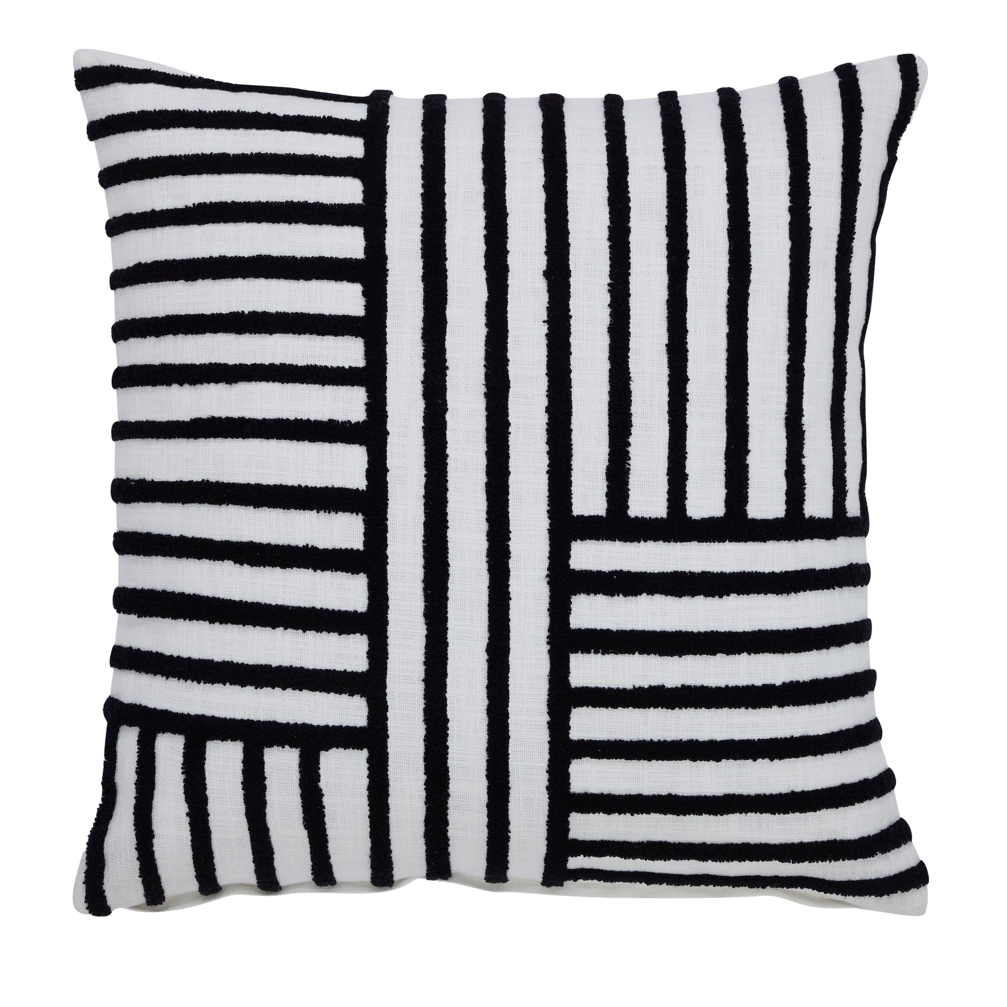 Stilo indoor pillow featuring a black and white striped pattern on a textured fabric.