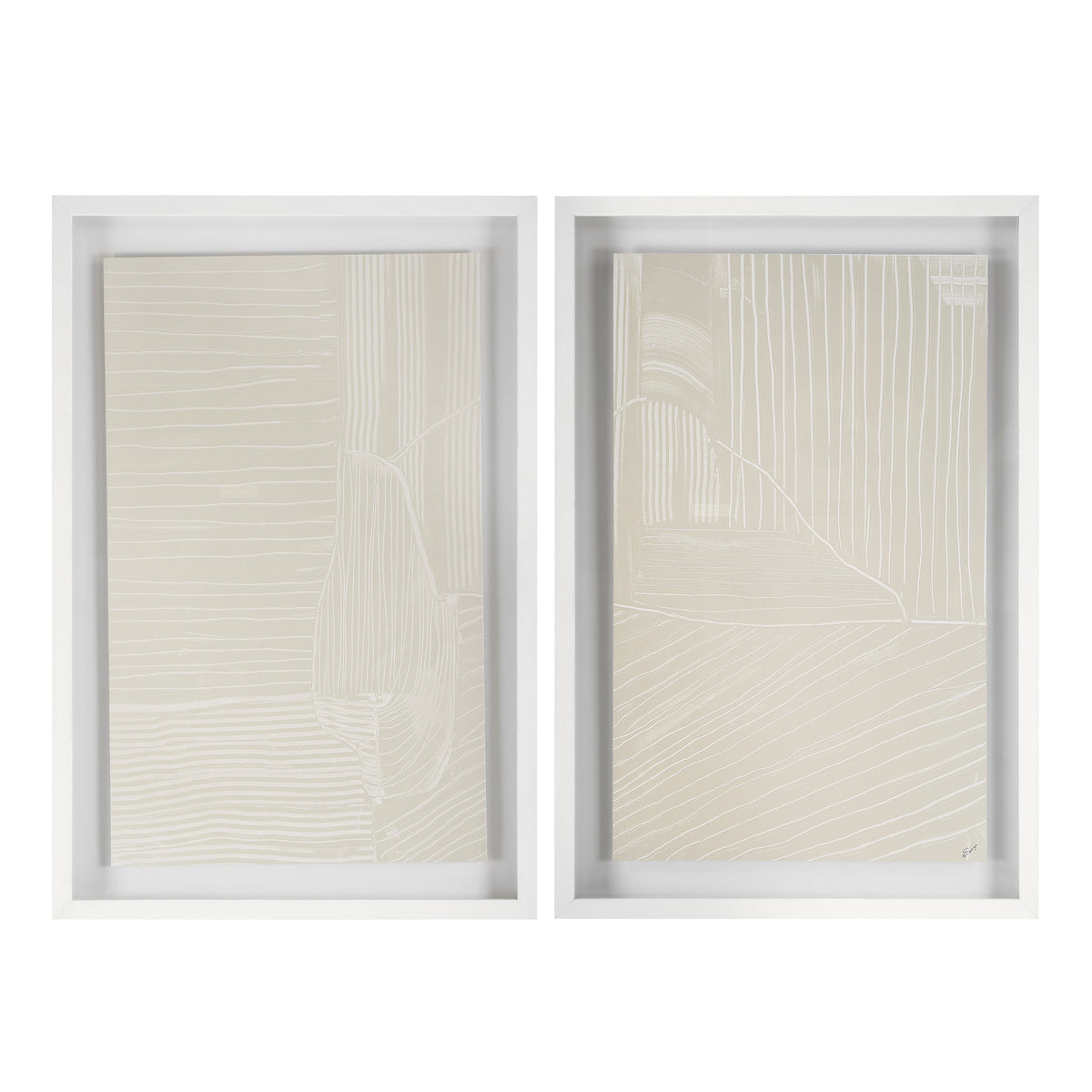 Marlon wall art featuring two beige framed pieces with abstract line patterns.