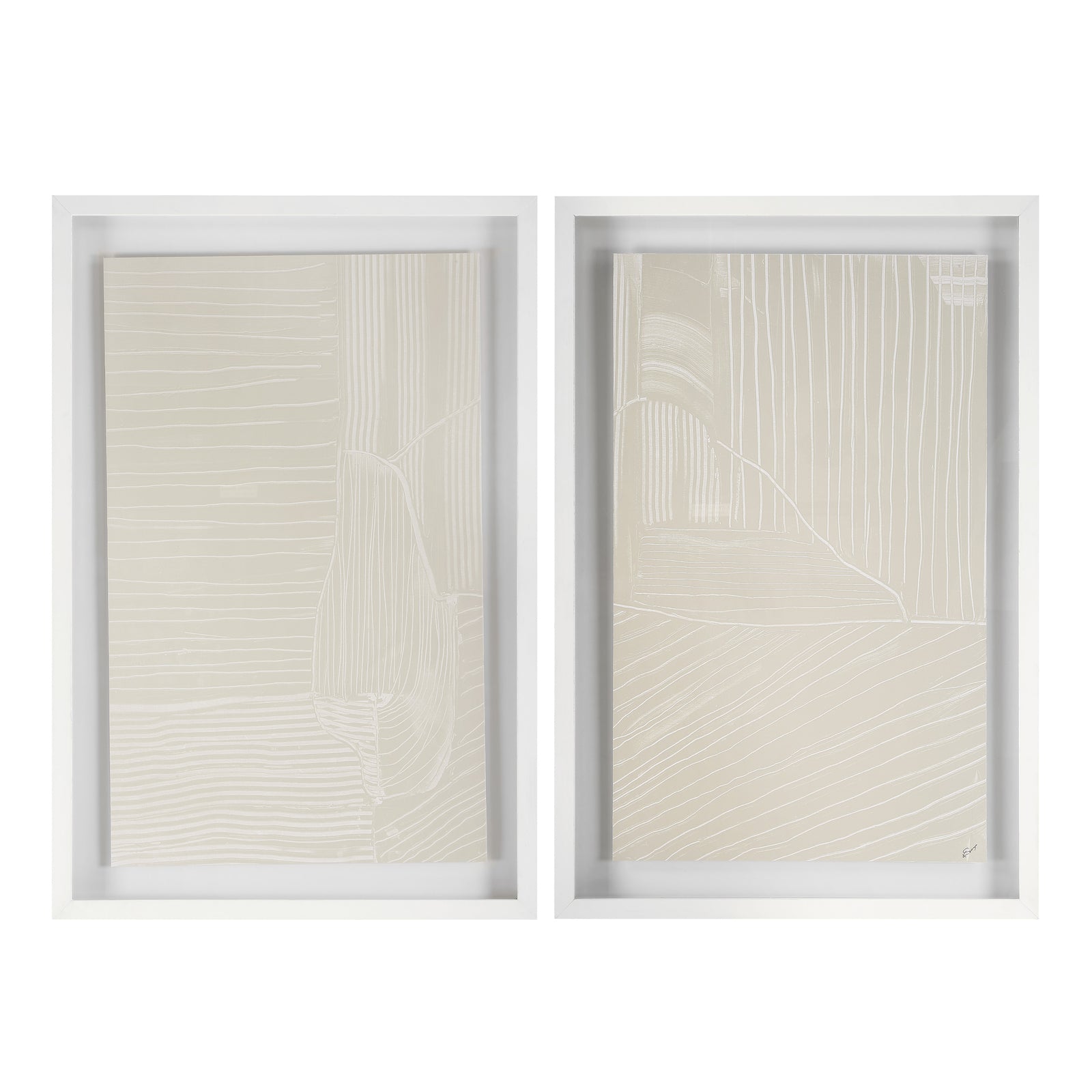Marlon wall art featuring two beige framed pieces with abstract line patterns.
