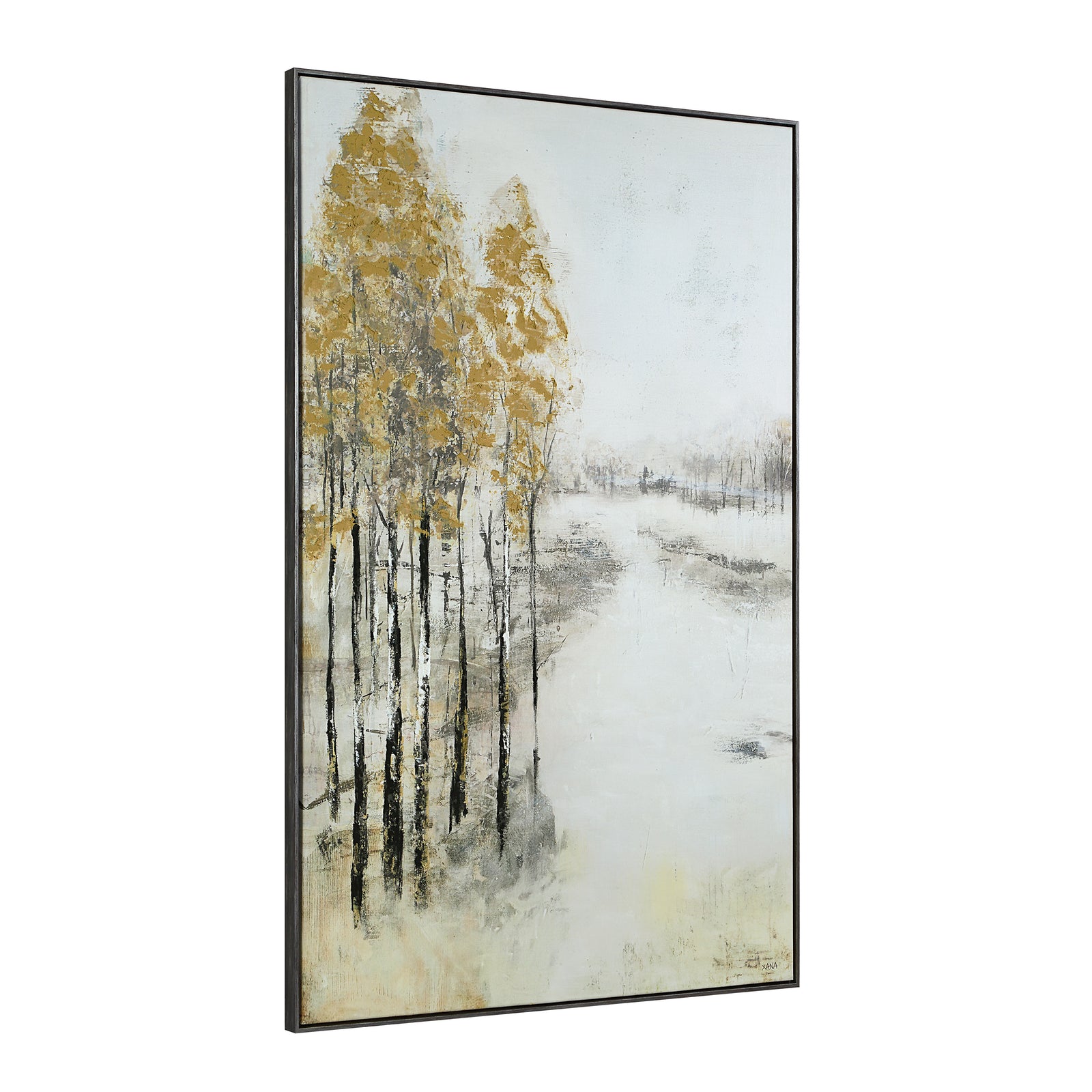 Illia canvas art featuring tall trees with golden leaves against a muted background.