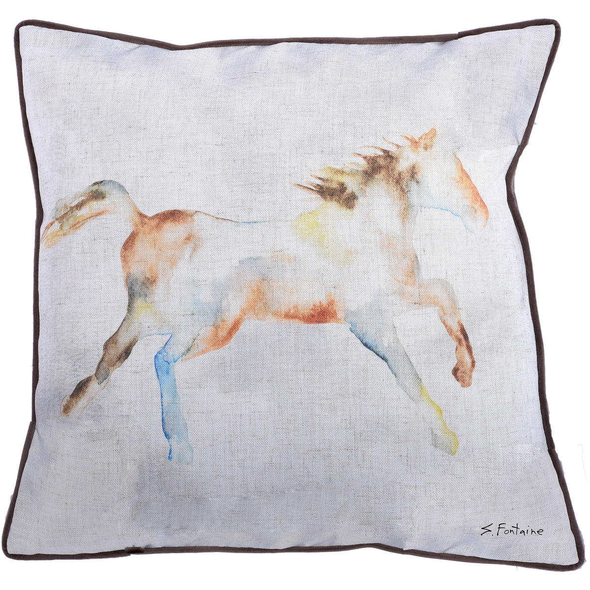 Mae indoor pillow featuring a watercolor horse design on a light fabric background with a dark trim.