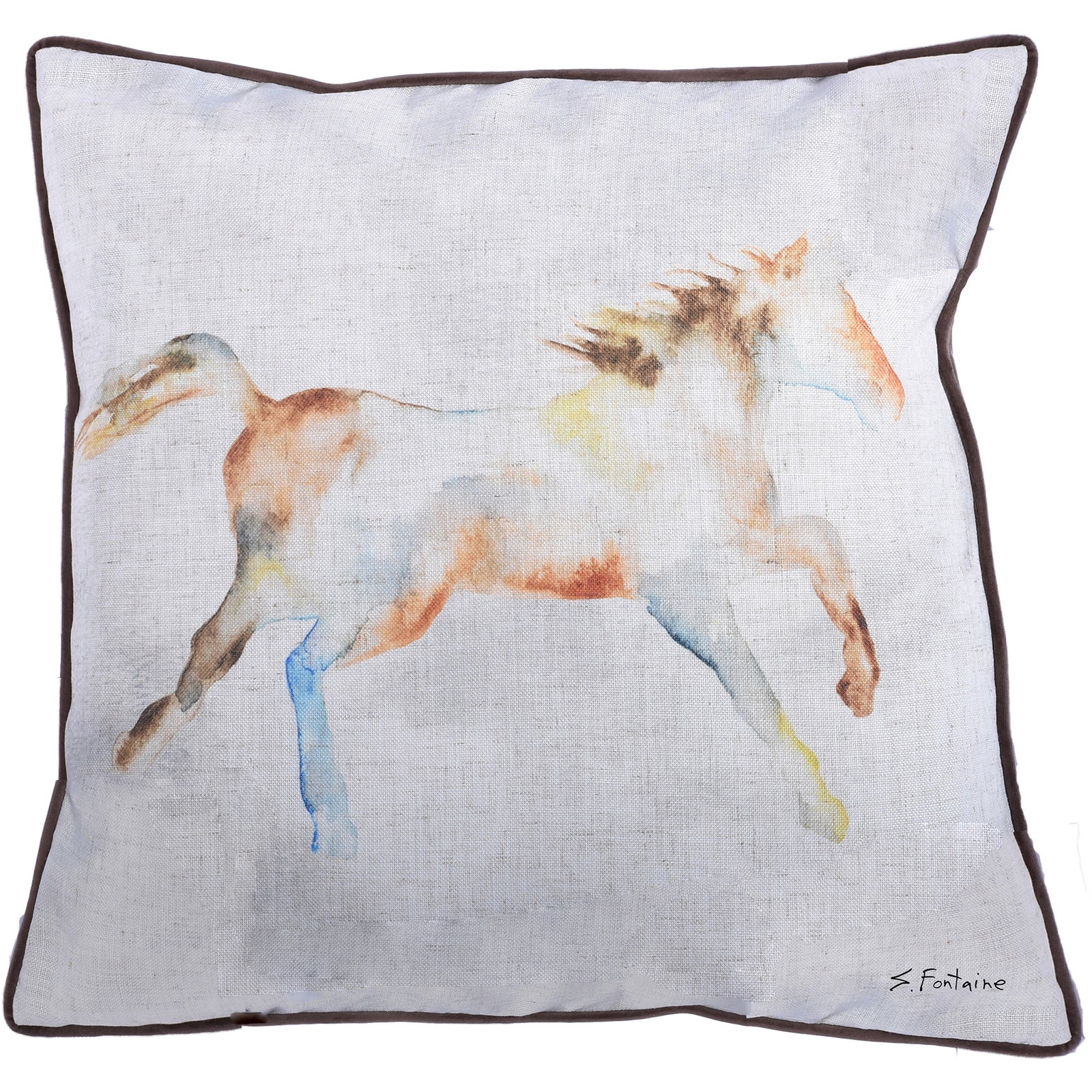 Mae indoor pillow featuring a watercolor horse design on a light fabric background with a dark trim.