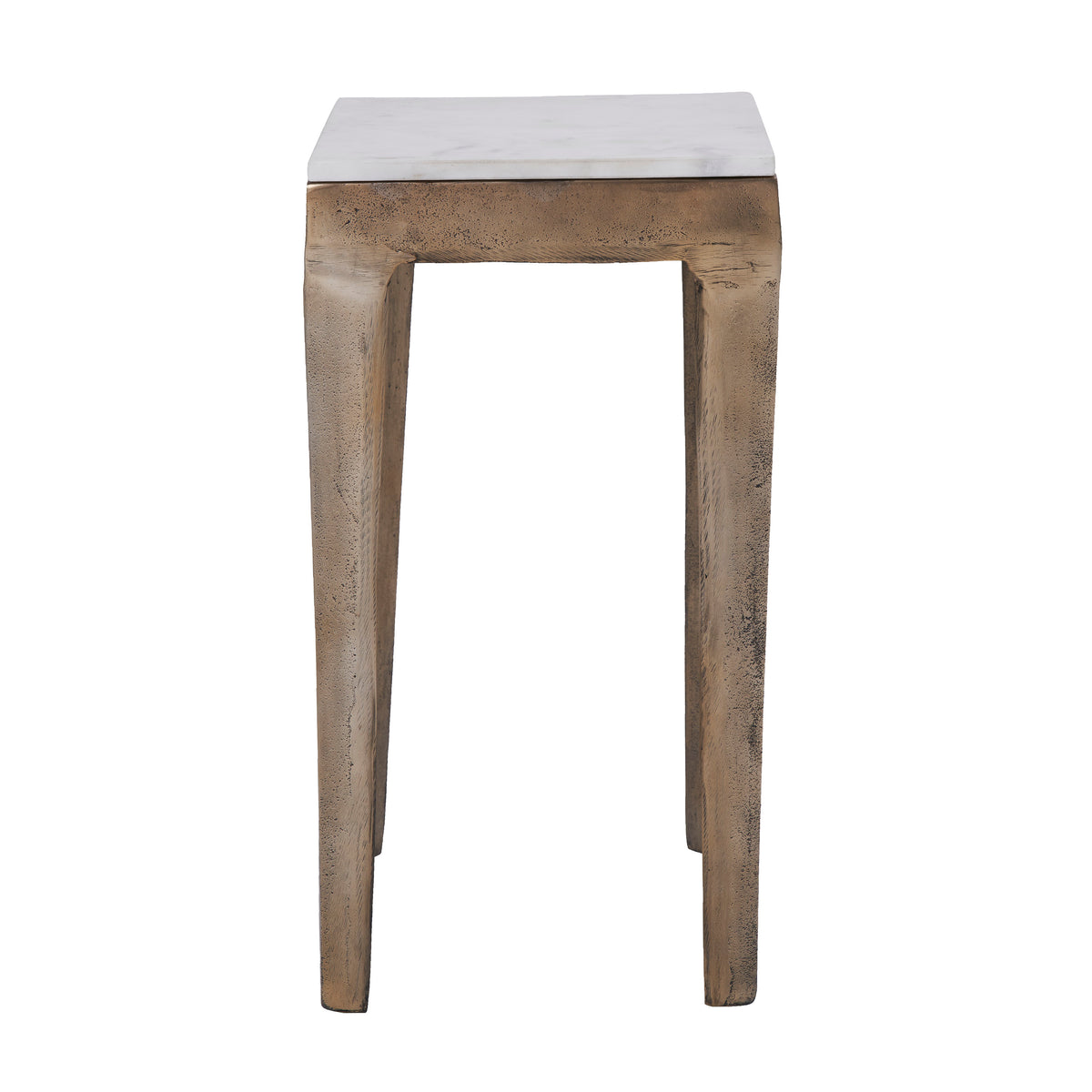 Abby Side Table with a white marble top and textured bronze legs, front view