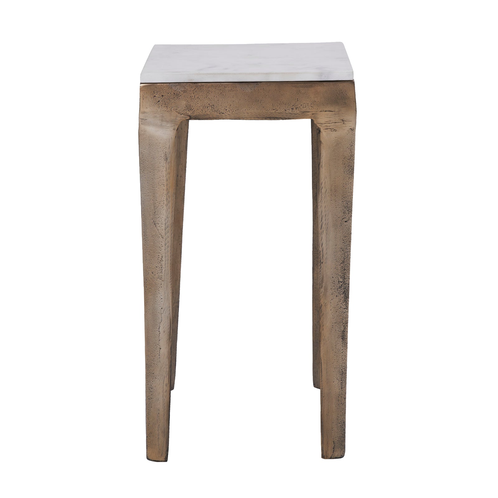 Abby Side Table with a white marble top and textured bronze legs, front view