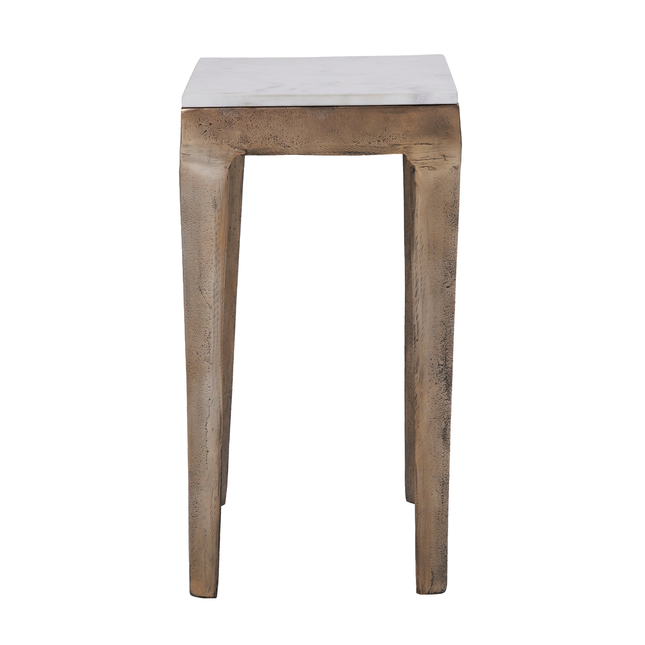 Abby Side Table with a white marble top and textured bronze legs, front view