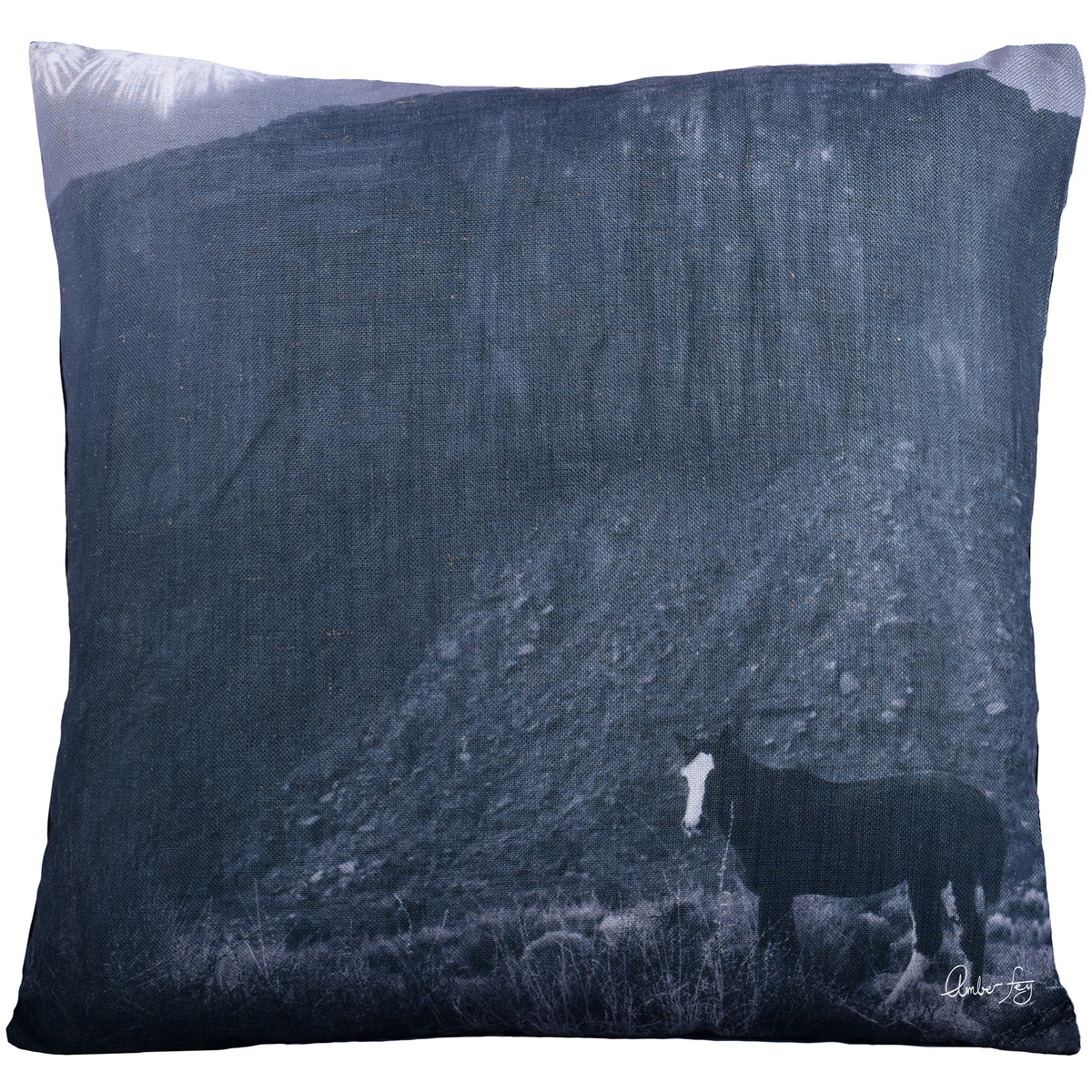 Ellen indoor pillow featuring a black and white horse graphic on a textured dark blue background