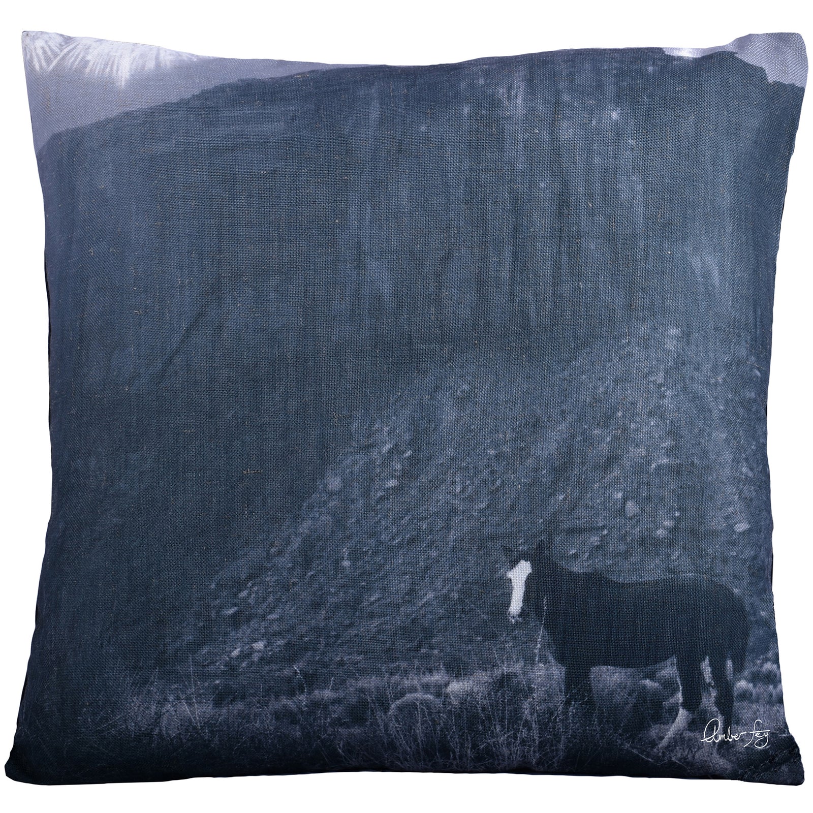 Ellen indoor pillow featuring a black and white horse graphic on a textured dark blue background
