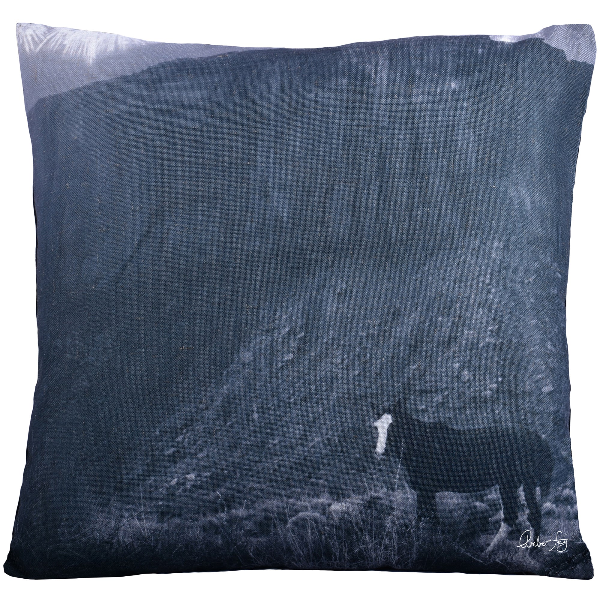 Ellen indoor pillow featuring a black and white horse graphic on a textured dark blue background