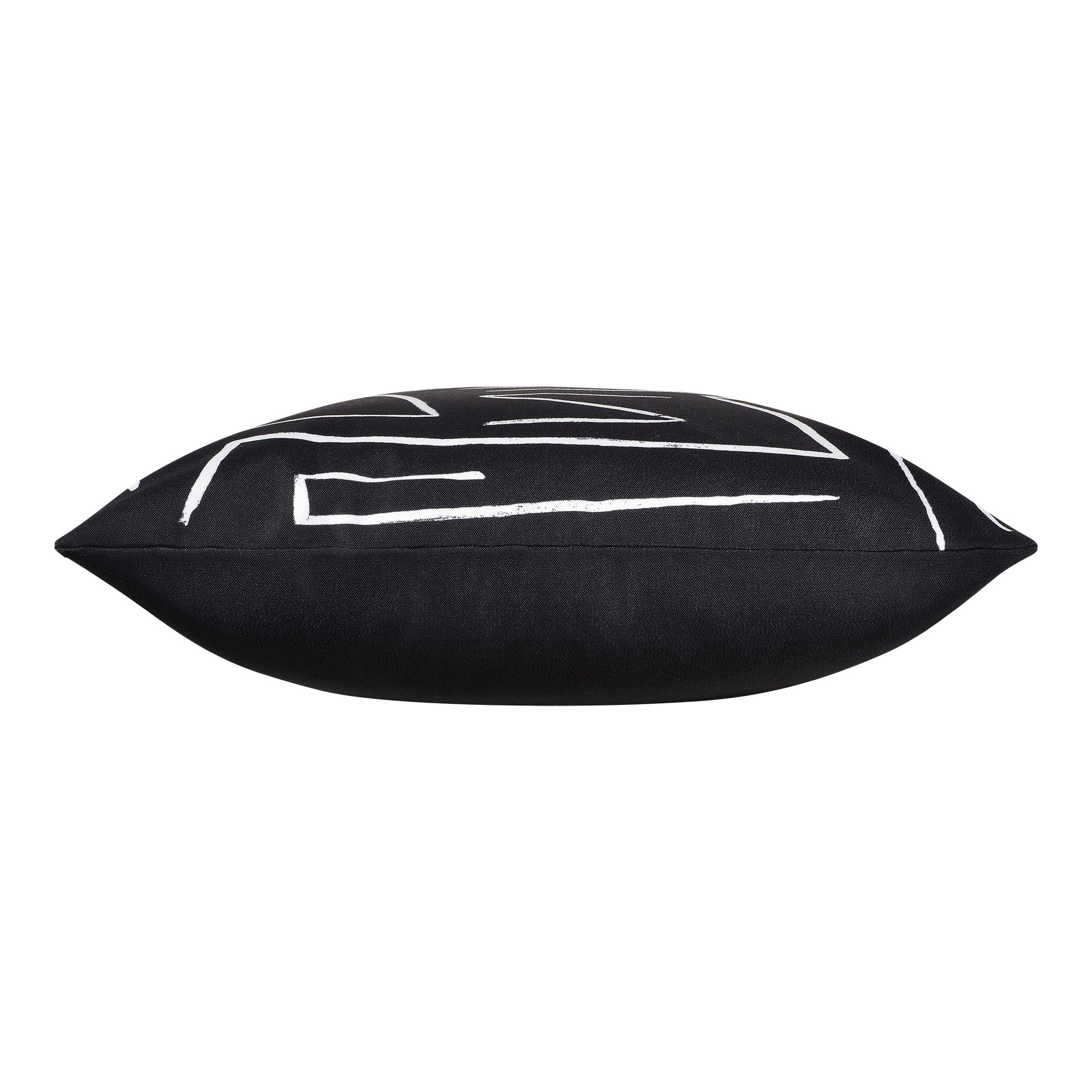 Ray Indoor Pillow in black with white lines, viewed from the side.