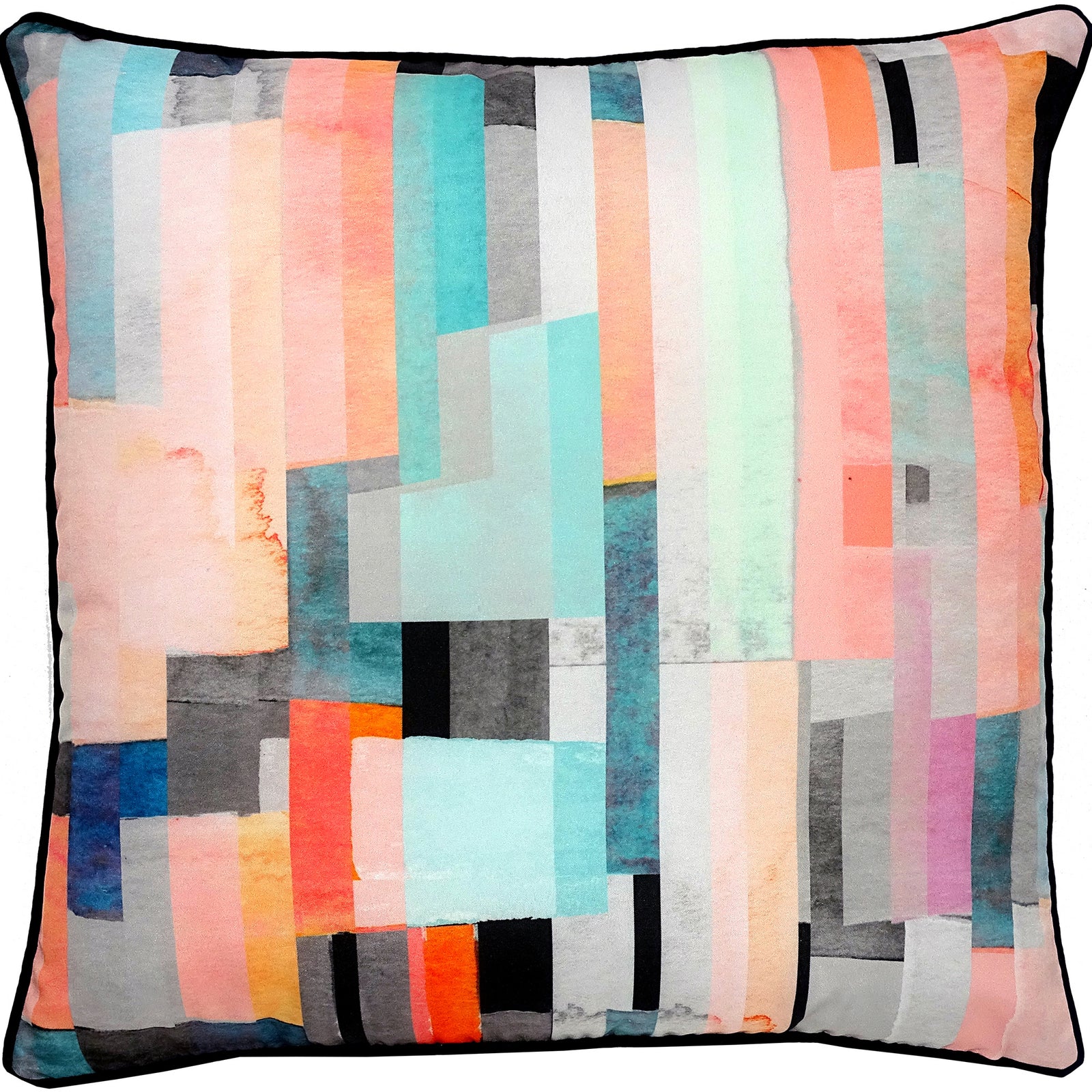 Olivera pillow featuring a colorful abstract pattern with pastel shades of pink, blue, and gray, bordered in black.