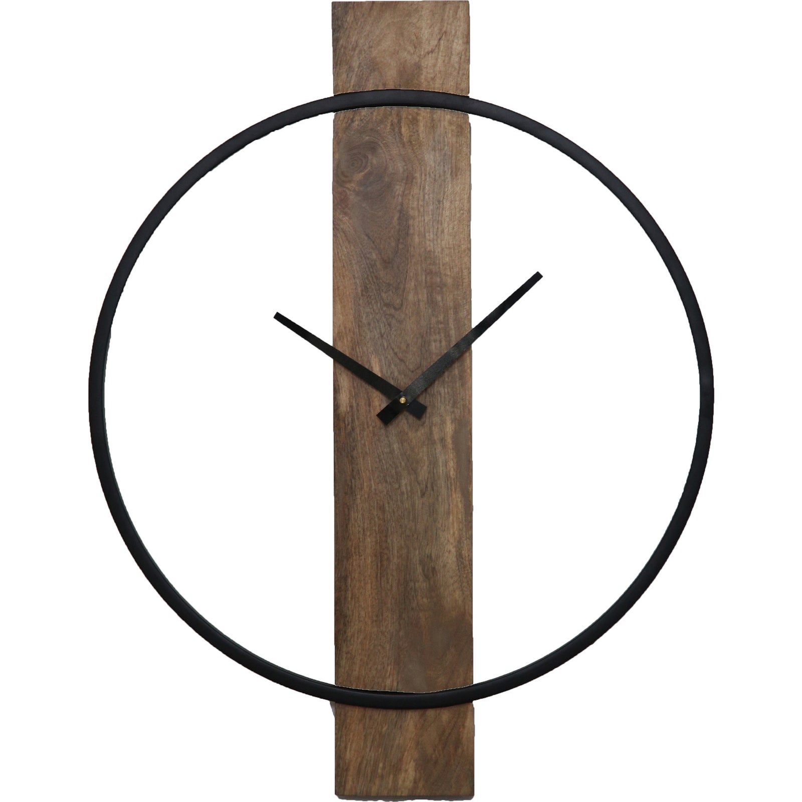 Pearl Clock with a black circular frame and wooden back, featuring black hands.