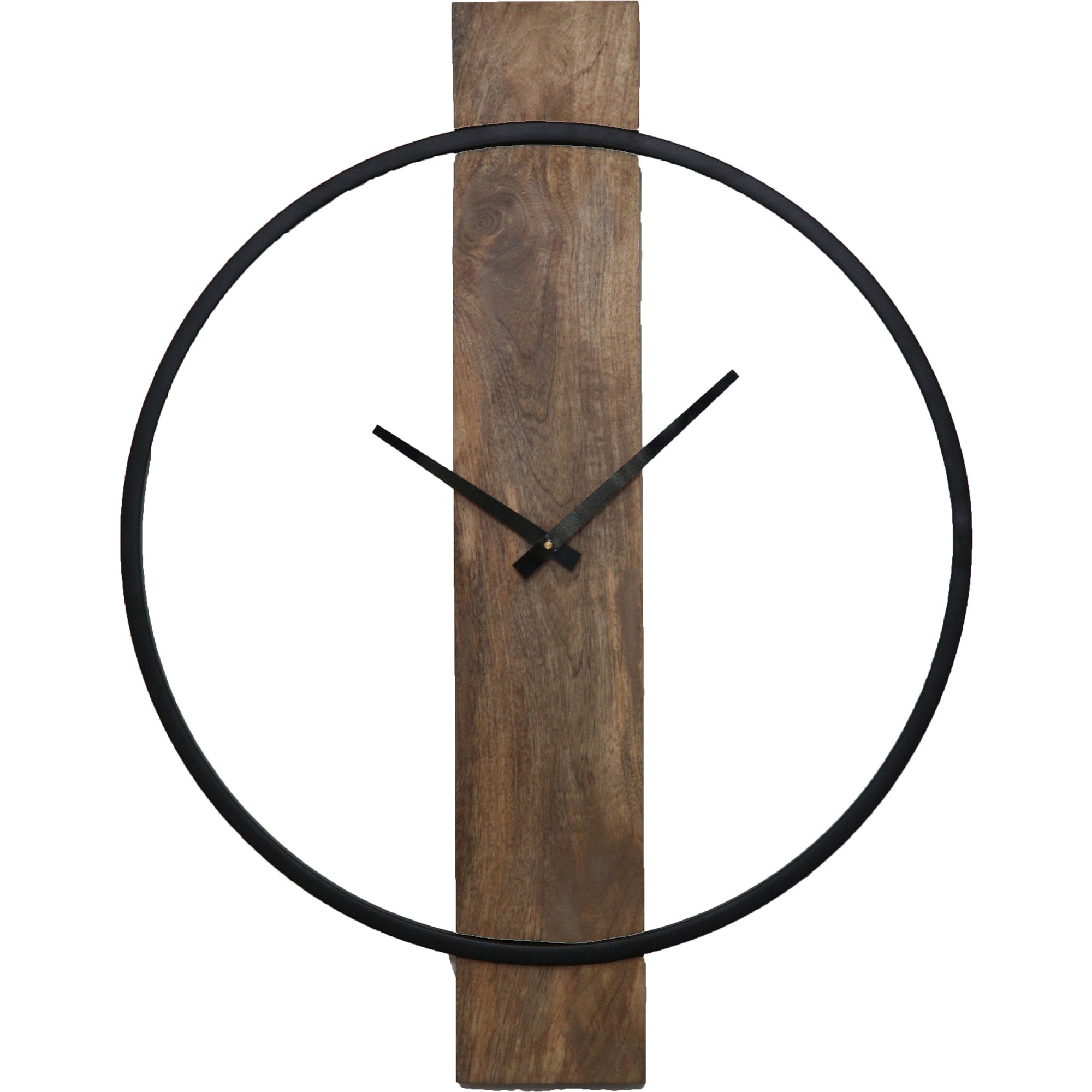 Pearl Clock with a black circular frame and wooden back, featuring black hands.
