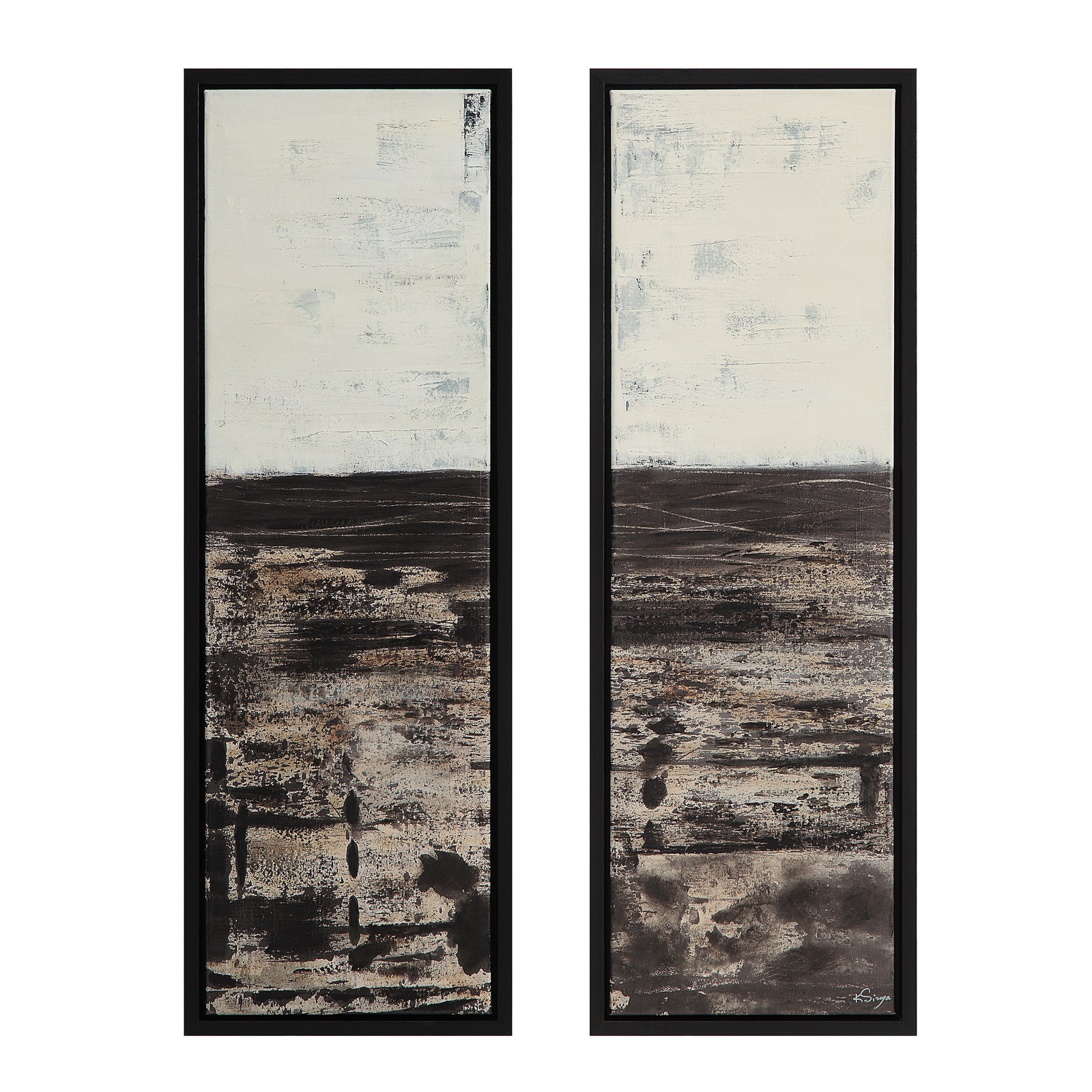 Spica canvas art featuring abstract black and white design in two panels with black frames.
