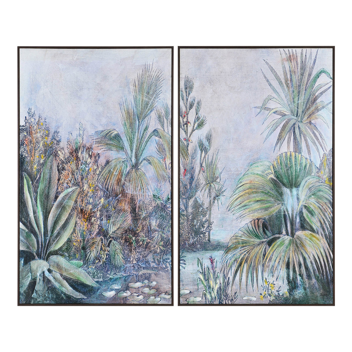 Labyrinth Canvas Art featuring tropical plants in soft colors, framed in dark wood.