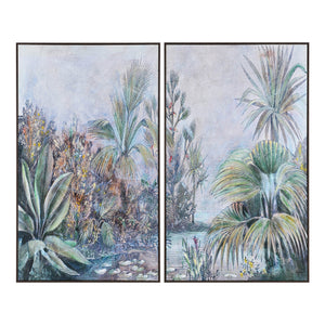 Labyrinth Canvas Art featuring tropical plants in soft colors, framed in dark wood.