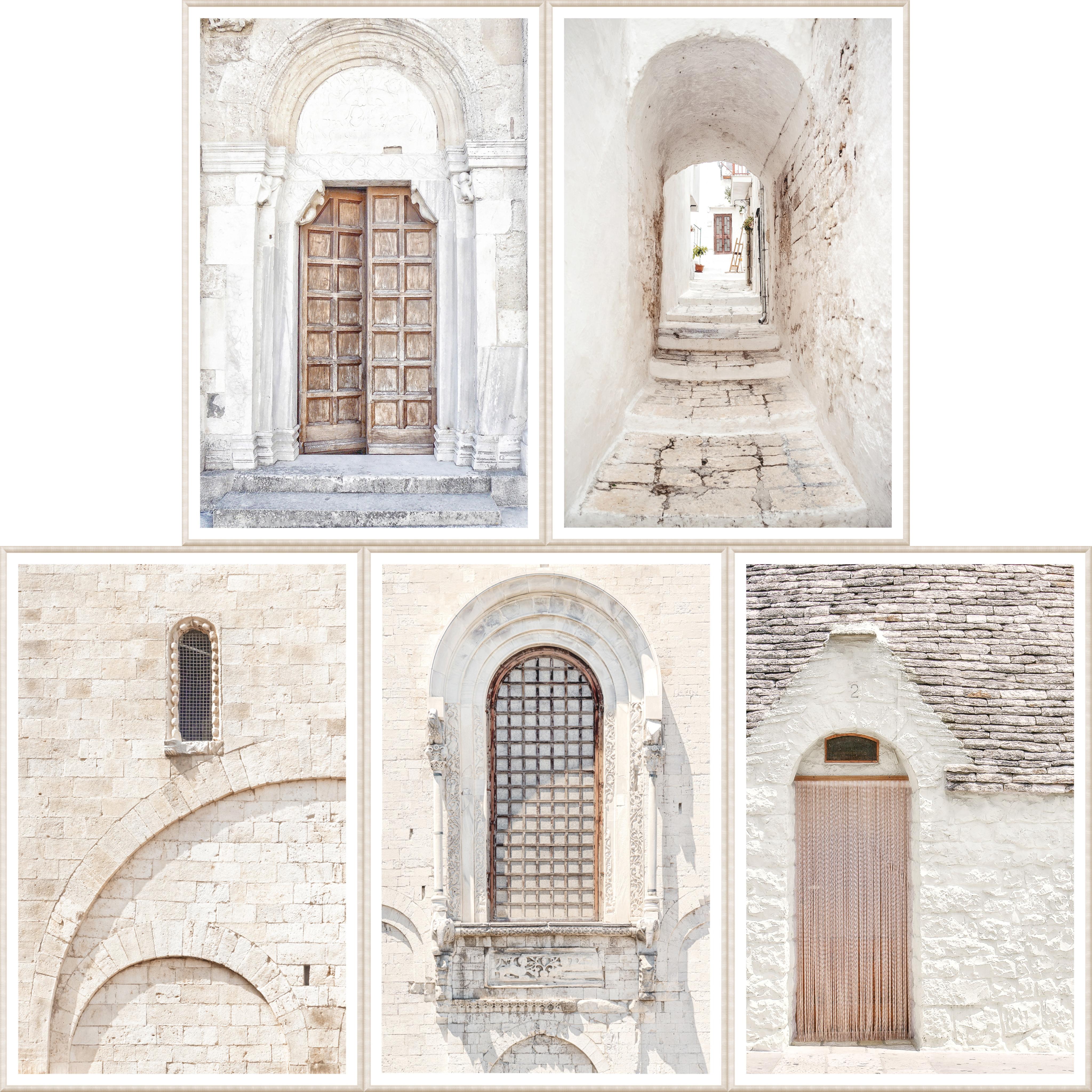 Italy Masonry Door & Arch Wall Art Bundle featuring rustic wooden doors, stone walls, and narrow alleyways in soft white tones.