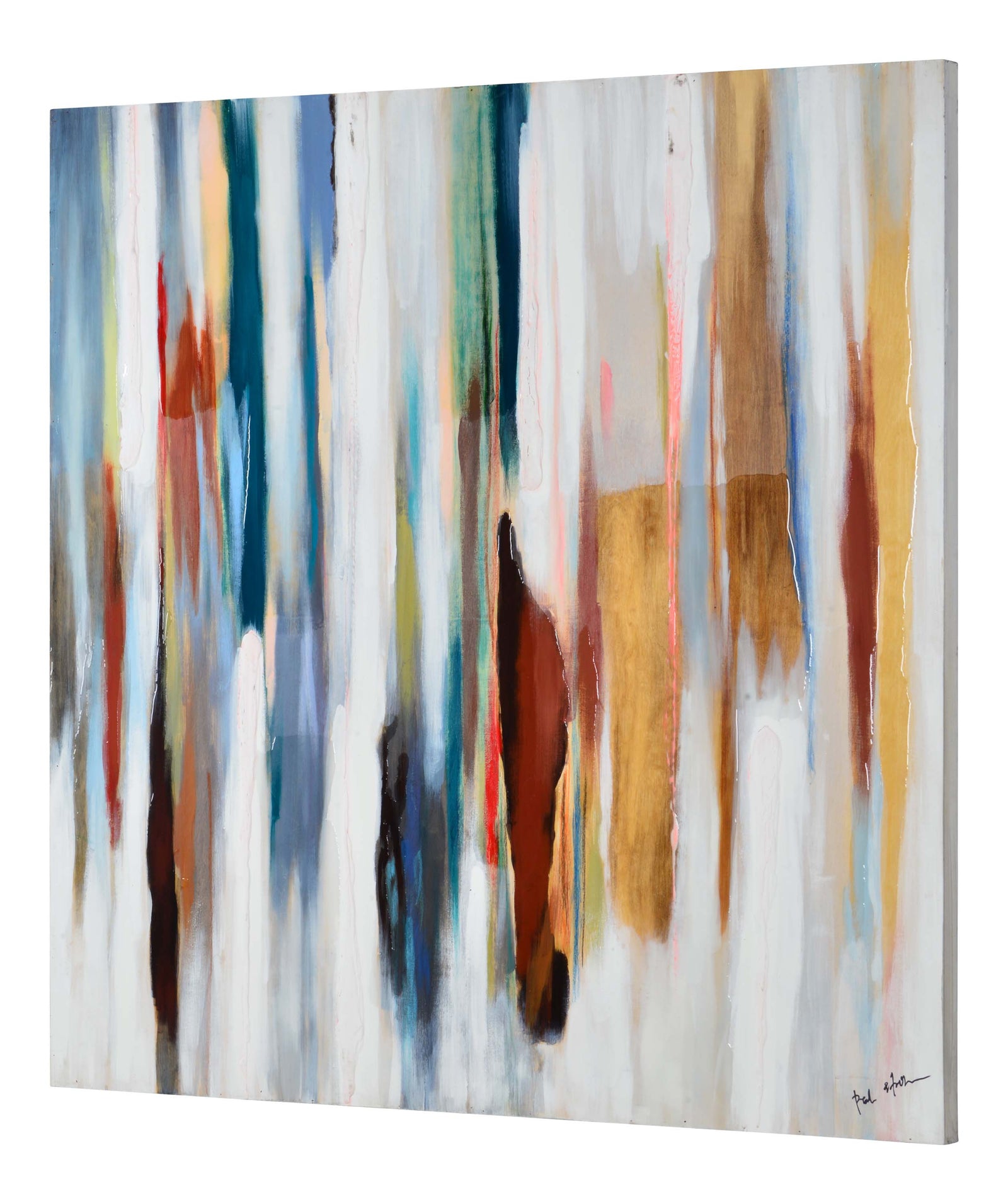 Harmon Wall Art featuring abstract colors in blue, gold, and red on a white background.