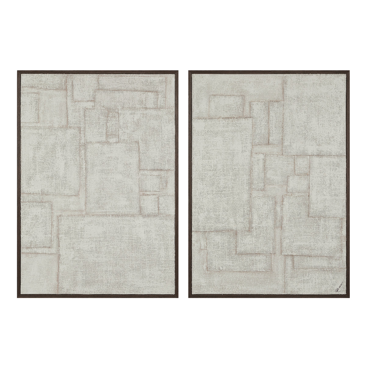 Caramelo wall art featuring two abstract panels in light gray with brown framing.