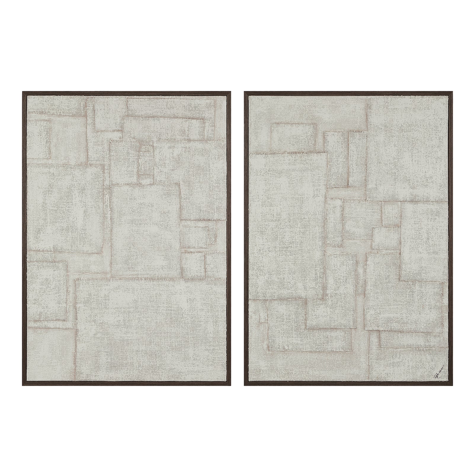 Caramelo wall art featuring two abstract panels in light gray with brown framing.