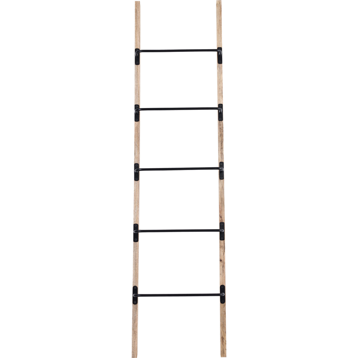 Marieta Blanket Ladder in natural wood with black metal accents, vertical view