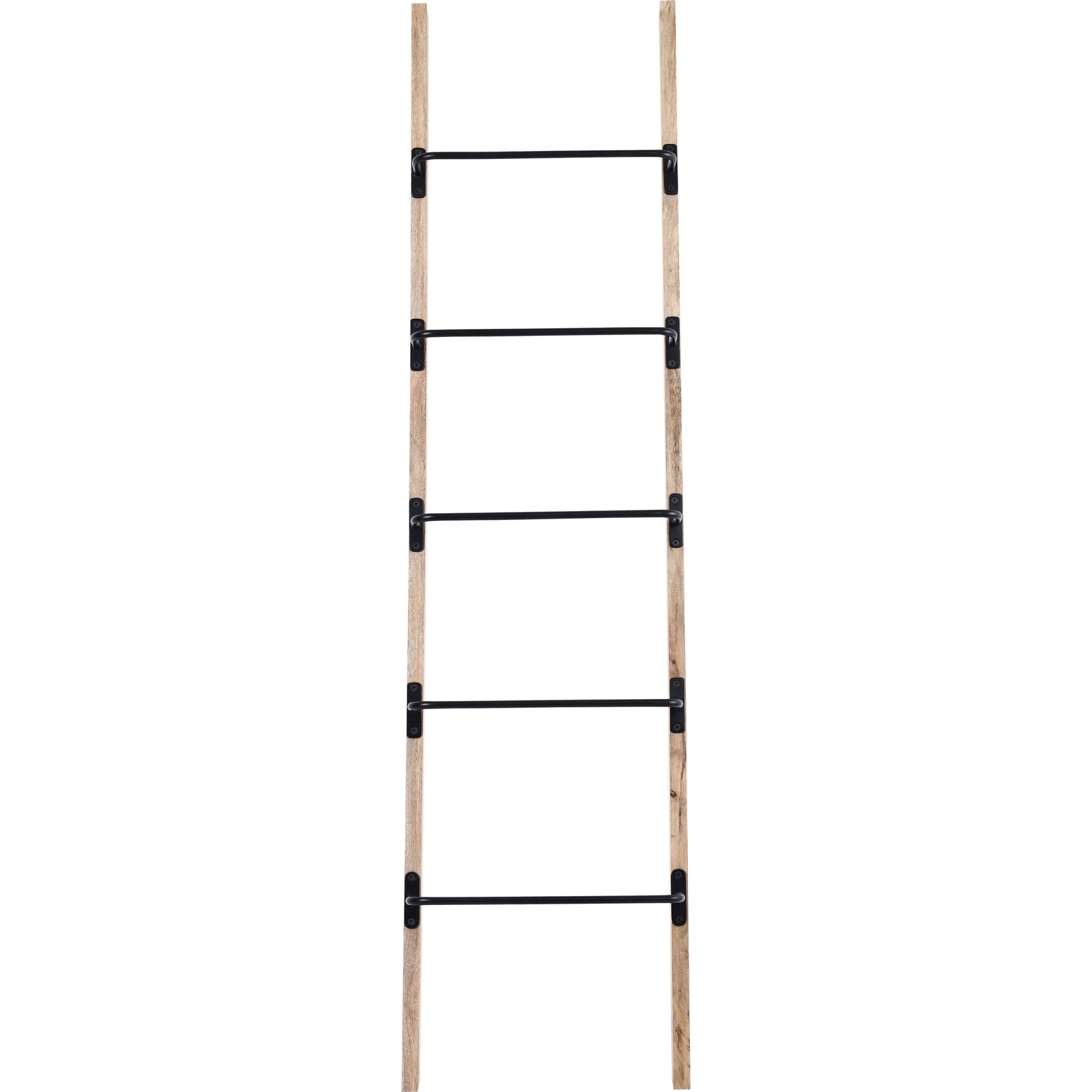 Marieta Blanket Ladder in natural wood with black metal accents, vertical view