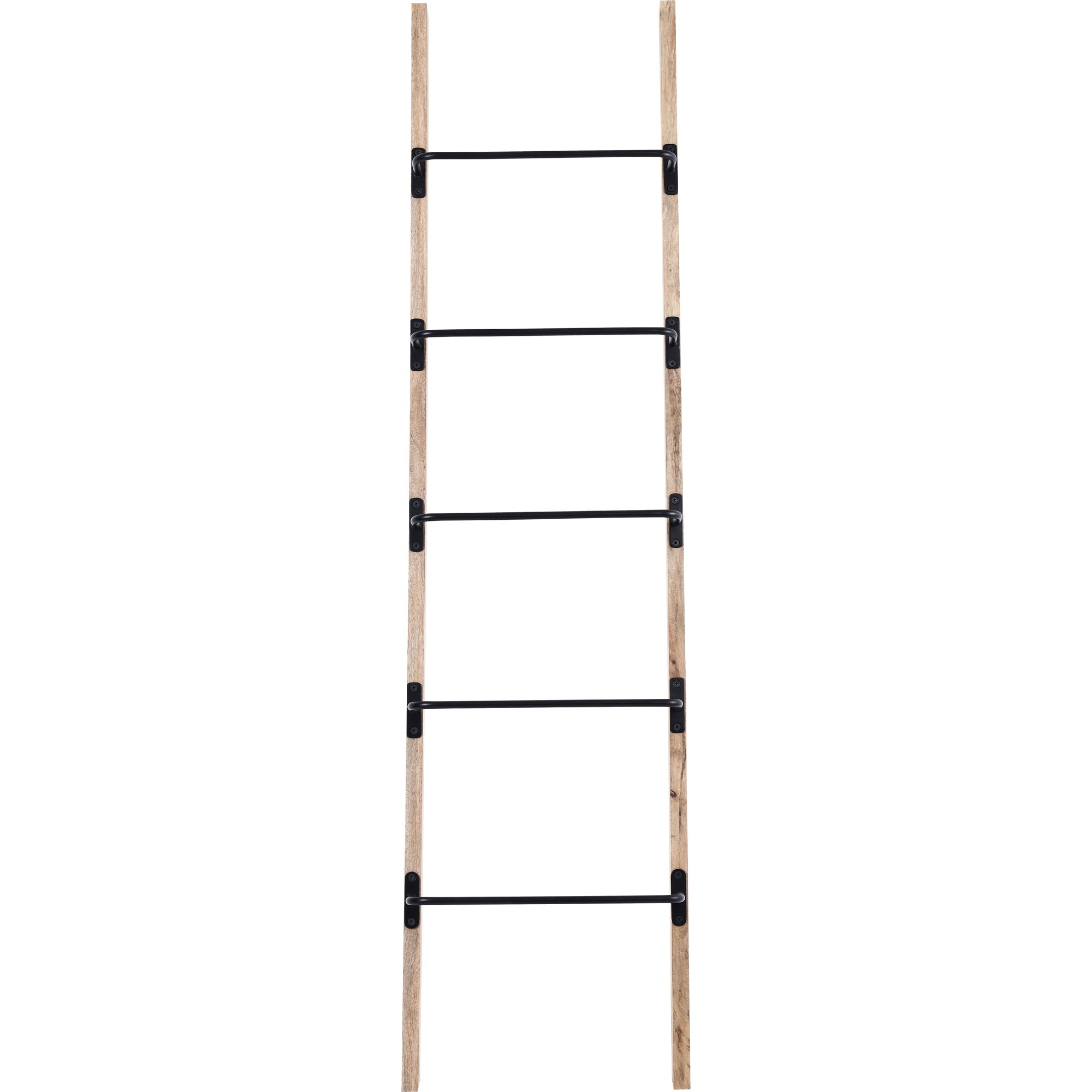 Marieta Blanket Ladder in natural wood with black metal accents, vertical view