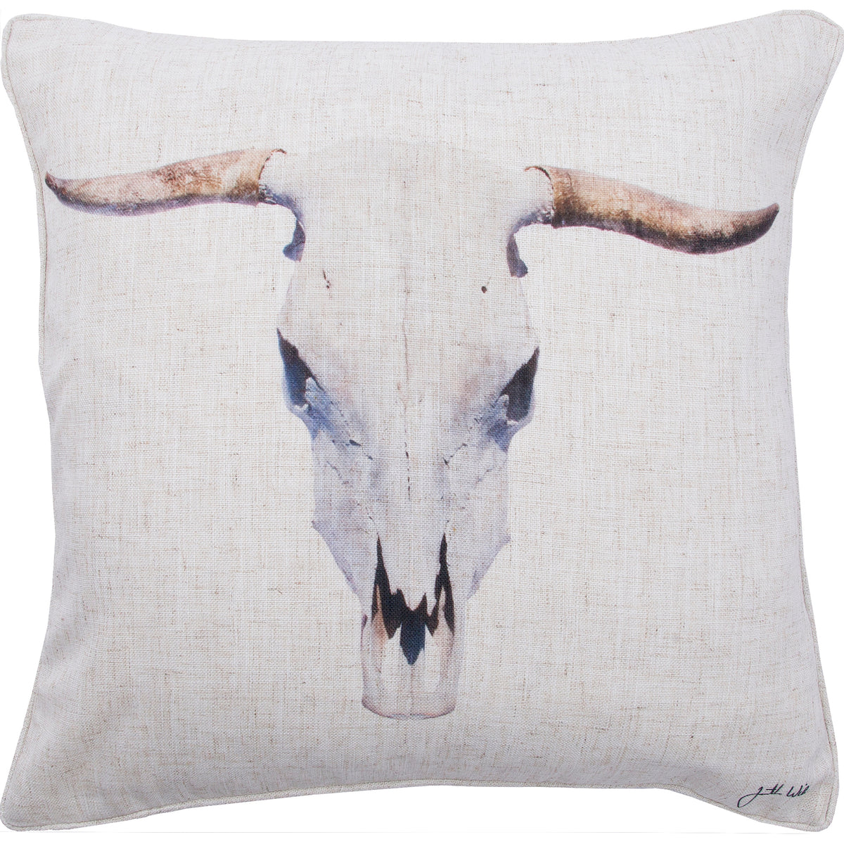 Elgin pillow featuring a bull skull design on a beige linen background.