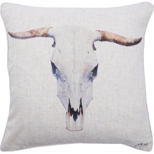 Elgin pillow featuring a bull skull design on a beige linen background.