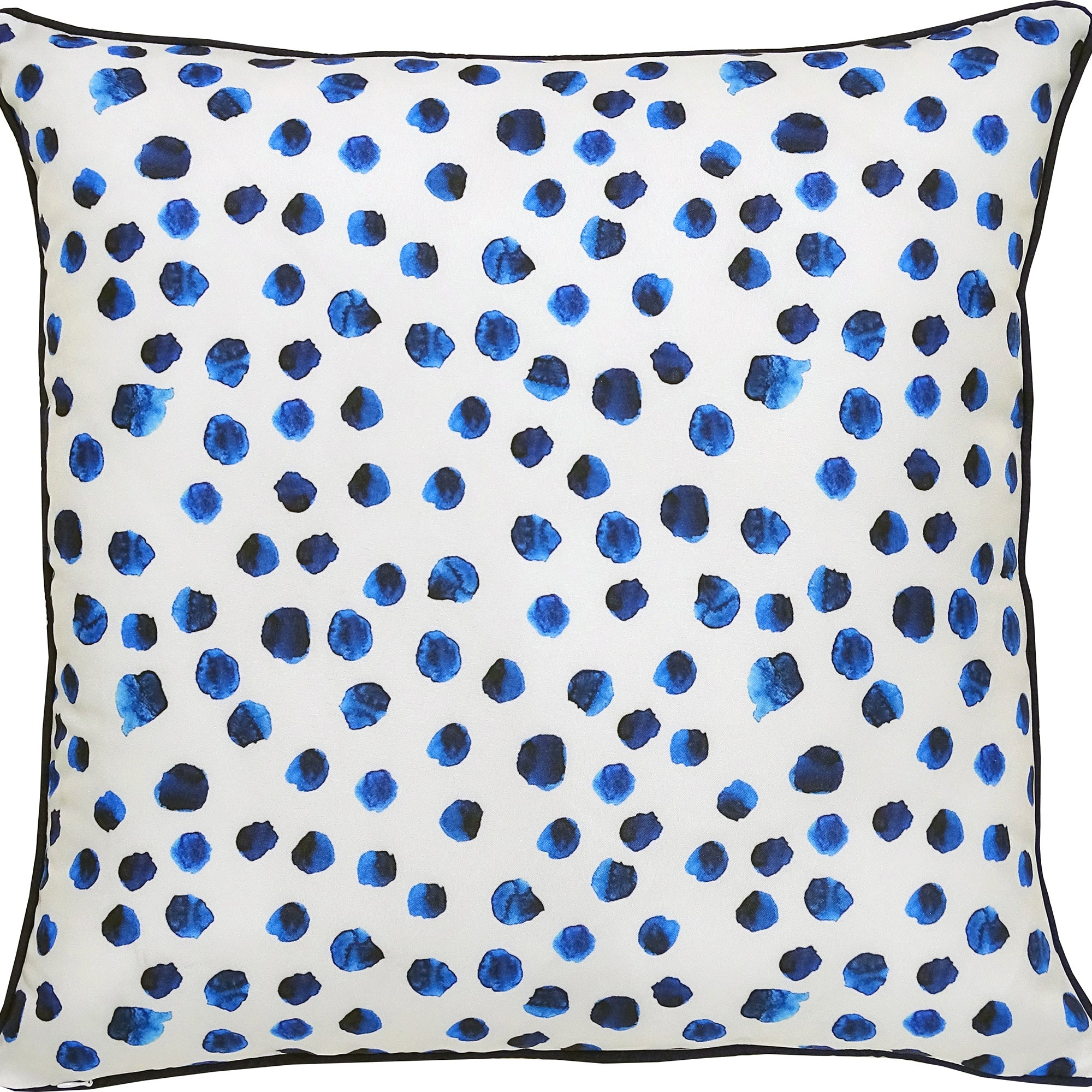 Lustra Outdoor Pillow featuring a white background with blue watercolor polka dots and a black trim.