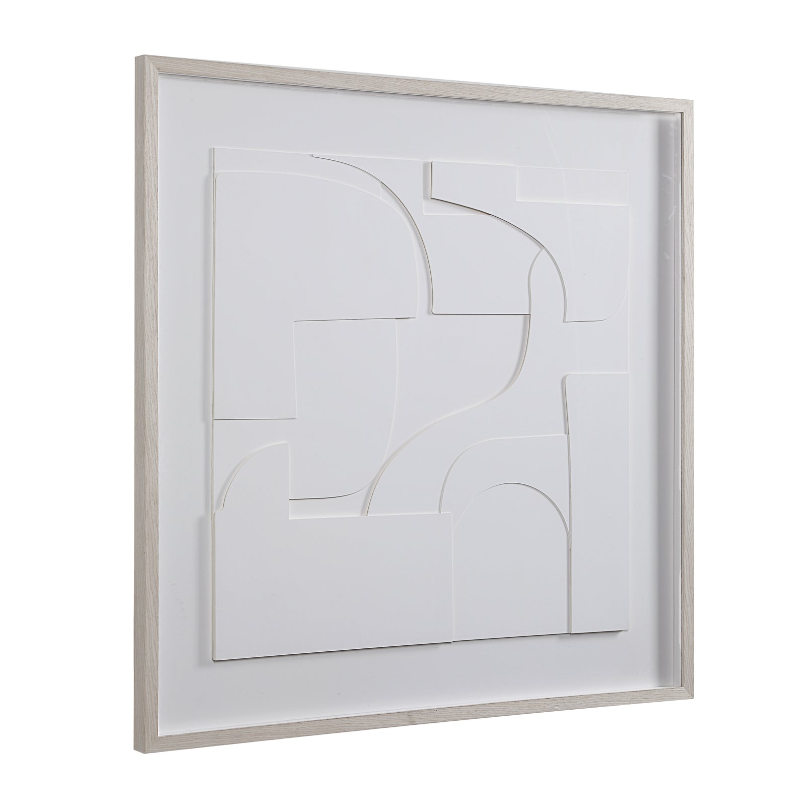 Stardust wall art featuring layered white abstract shapes in a light wood frame.