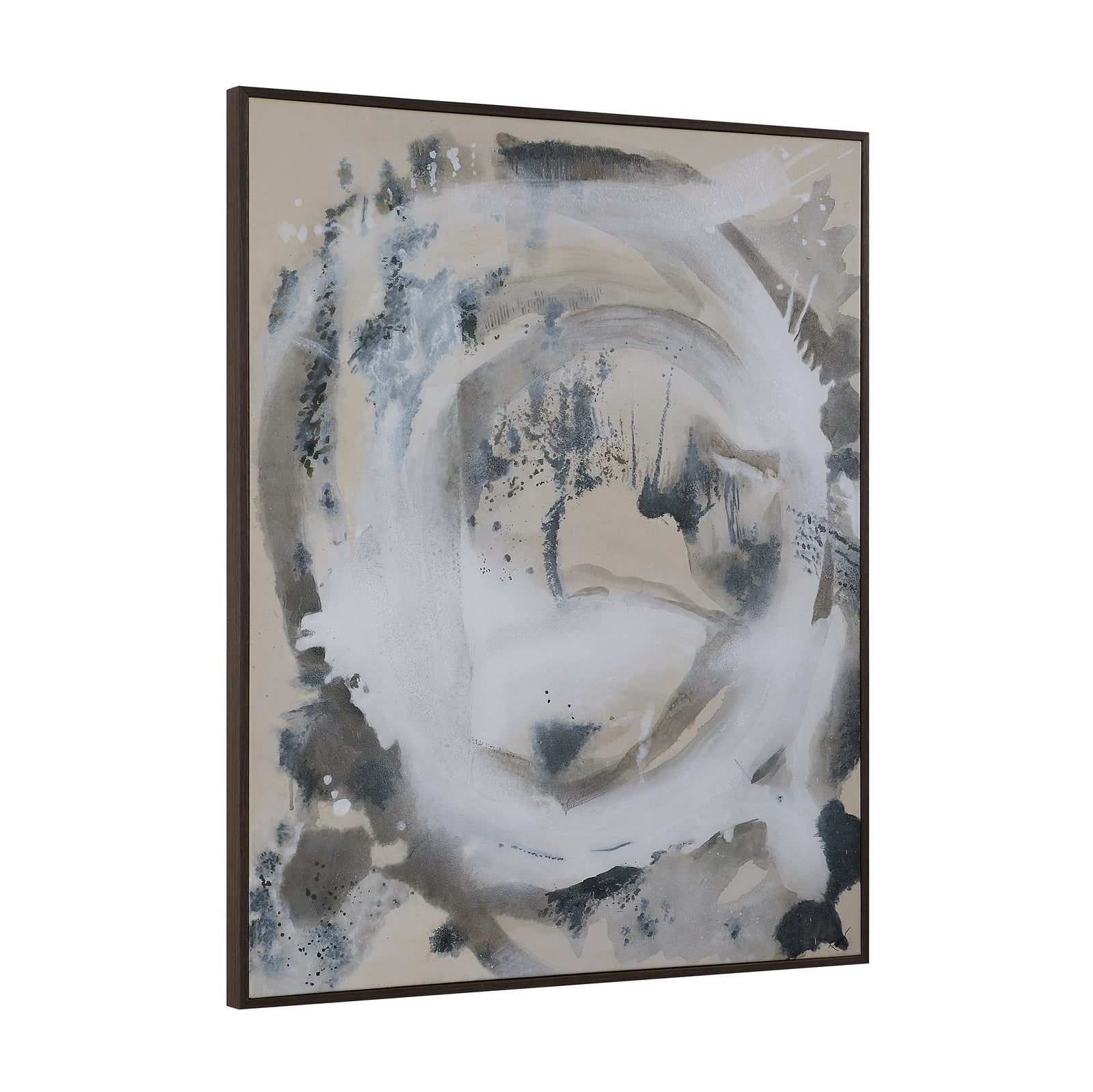 Ceiba canvas art featuring abstract swirl in gray and white tones on beige background
