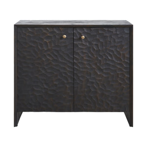 Jean Cabinet by Renwil featuring a textured dark wood finish and gold knobs