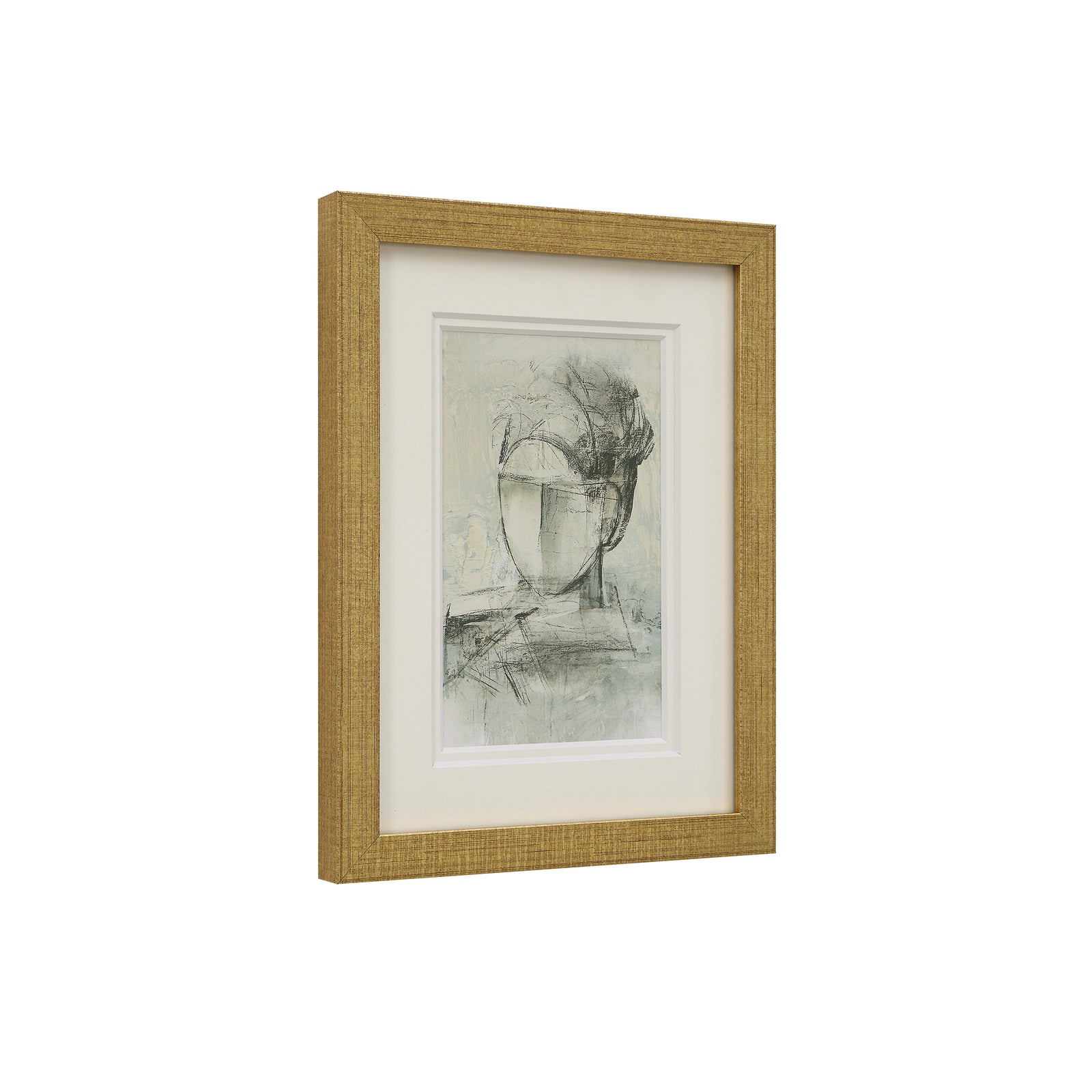Bellie wall art featuring abstract face sketch in muted tones, framed in textured gold.