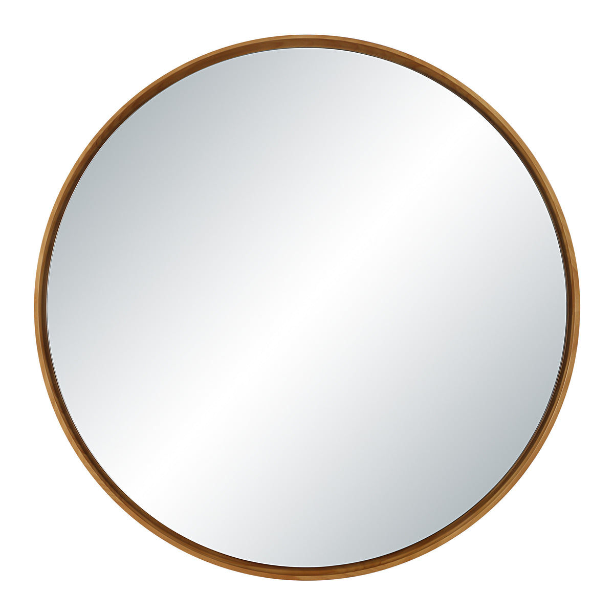 Canna mirror with a round shape and natural wood frame, reflecting light.