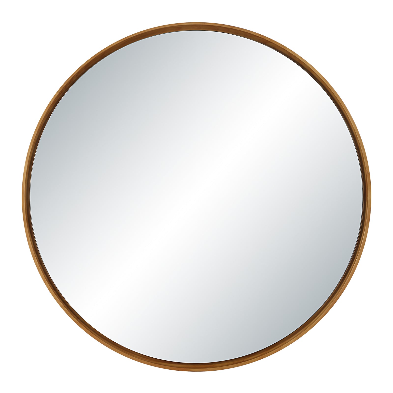 Canna mirror with a round shape and natural wood frame, reflecting light.