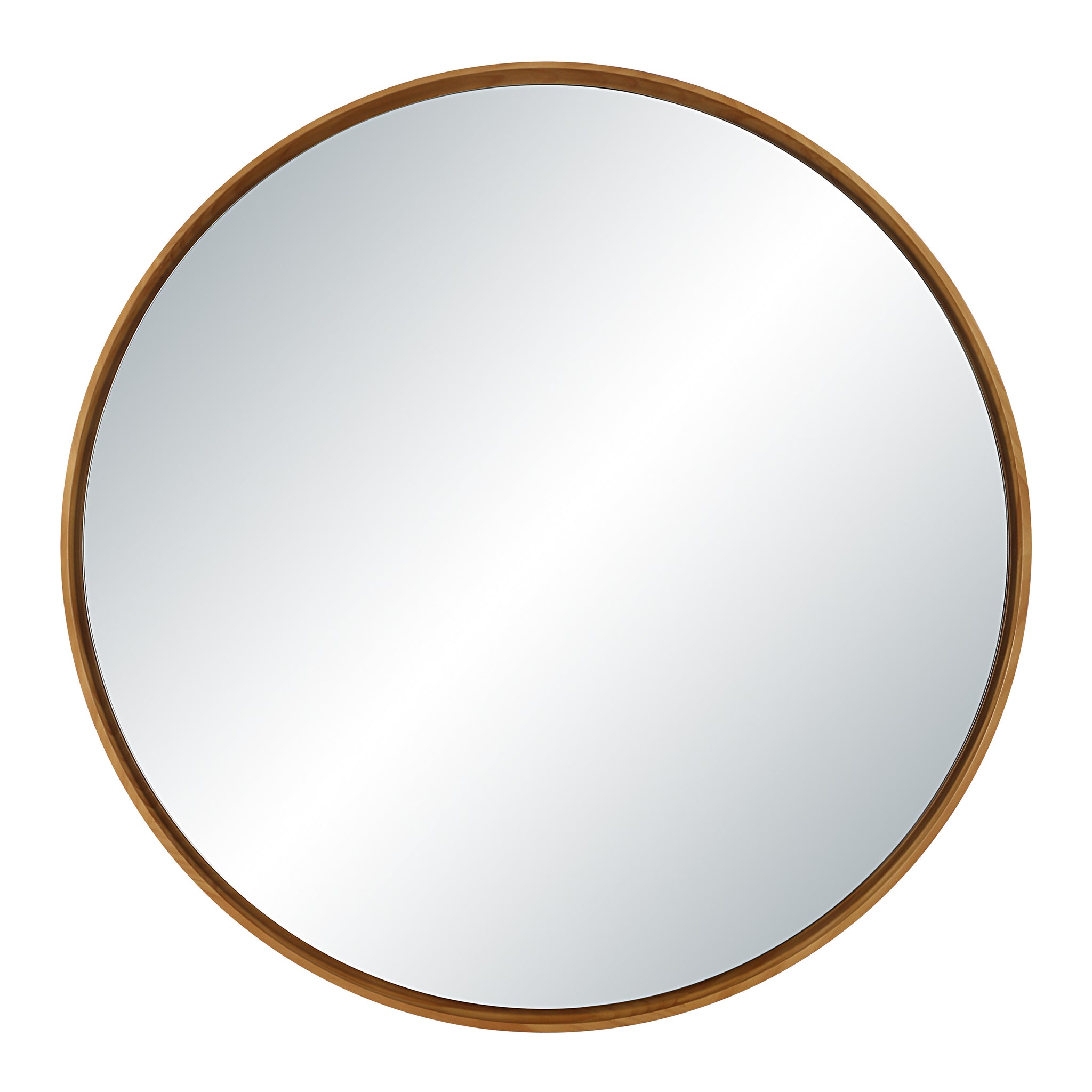 Canna mirror with a round shape and natural wood frame, reflecting light.