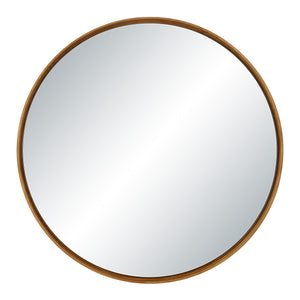 Canna mirror with a round shape and natural wood frame, reflecting light.