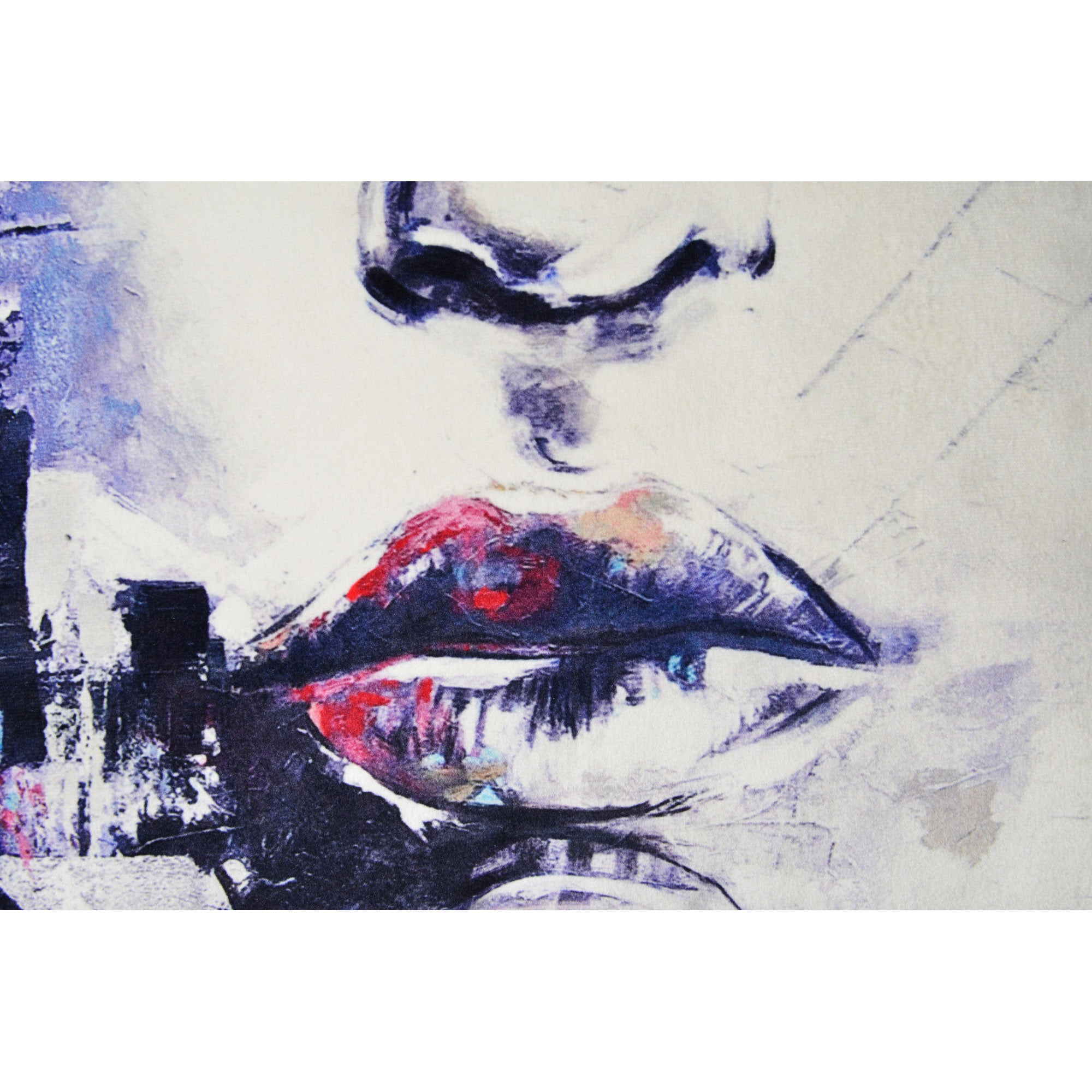 Close-up of Annika Indoor Pillow highlighting abstract lips and facial features in vibrant colors