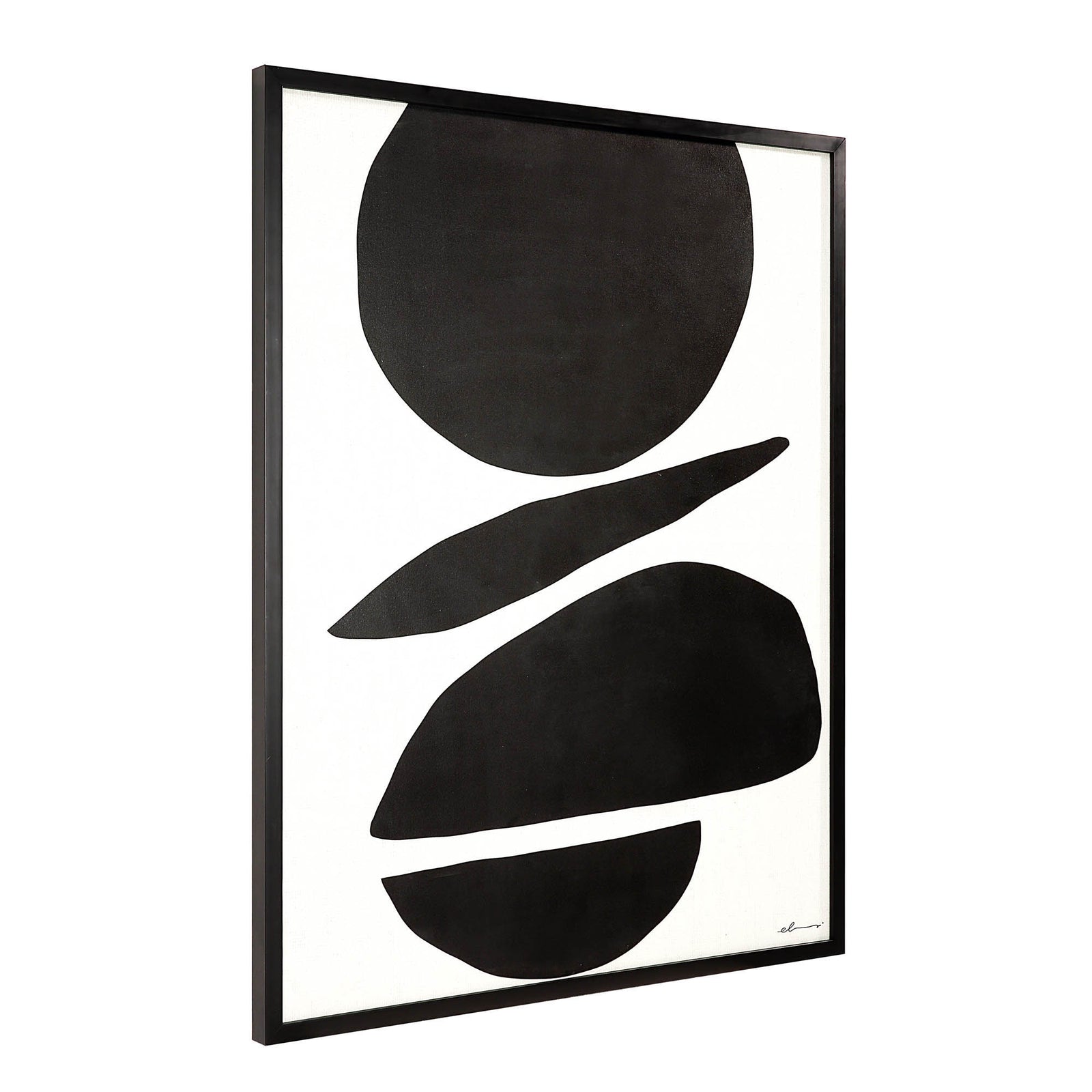 Cercola wall art featuring black abstract shapes on a white background, framed in black.